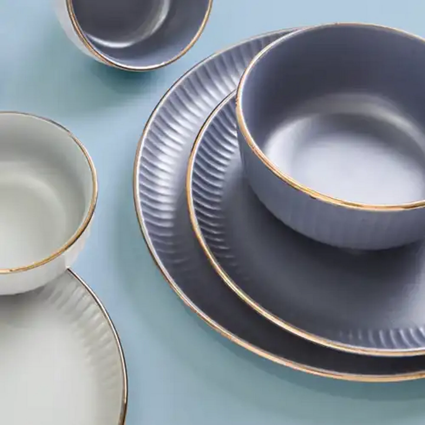 Image of Stoneware Dark Grey Gold Rim Dinner Set 16-Piece