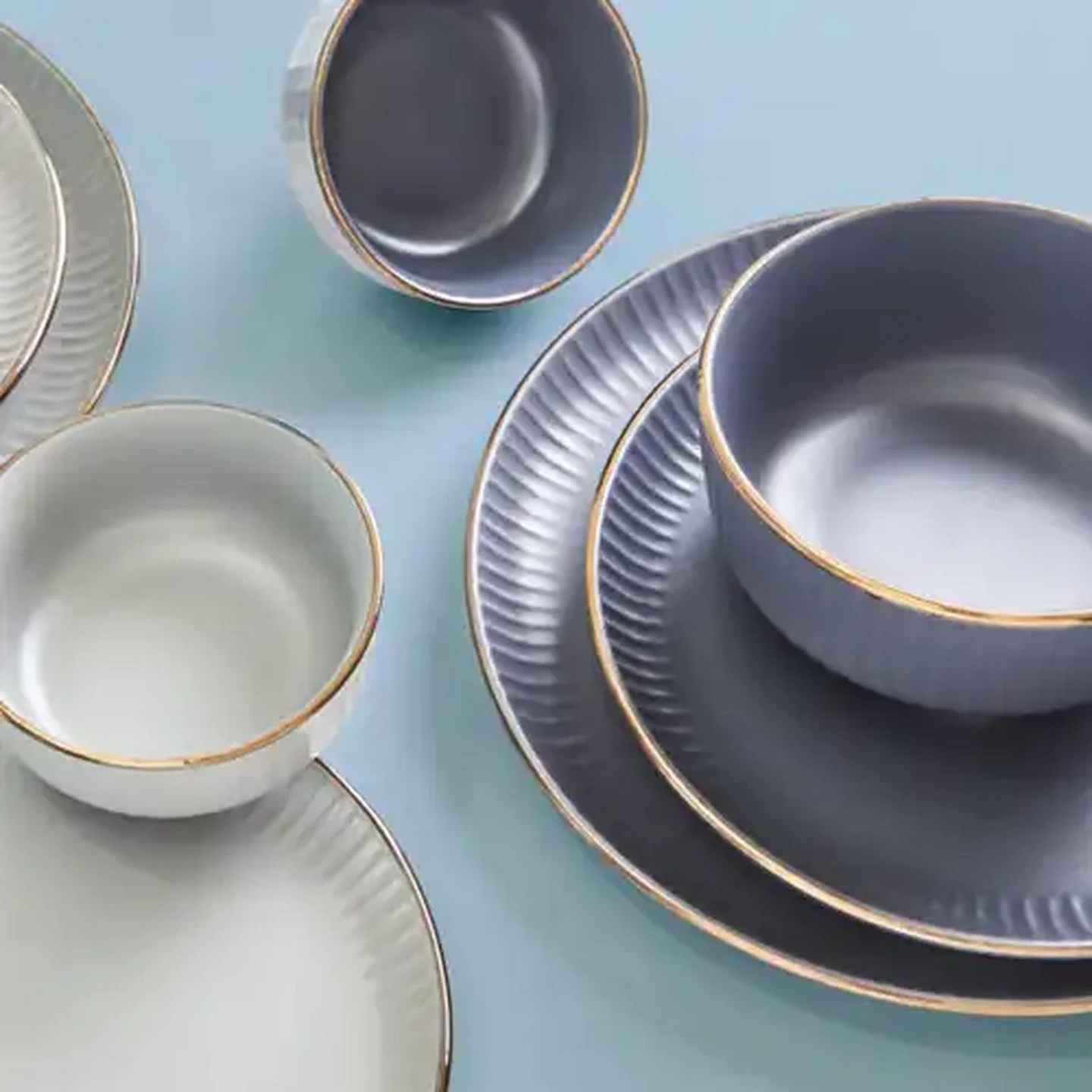 Image of Stoneware Dark Grey Gold Rim Dinner Set 16-Piece