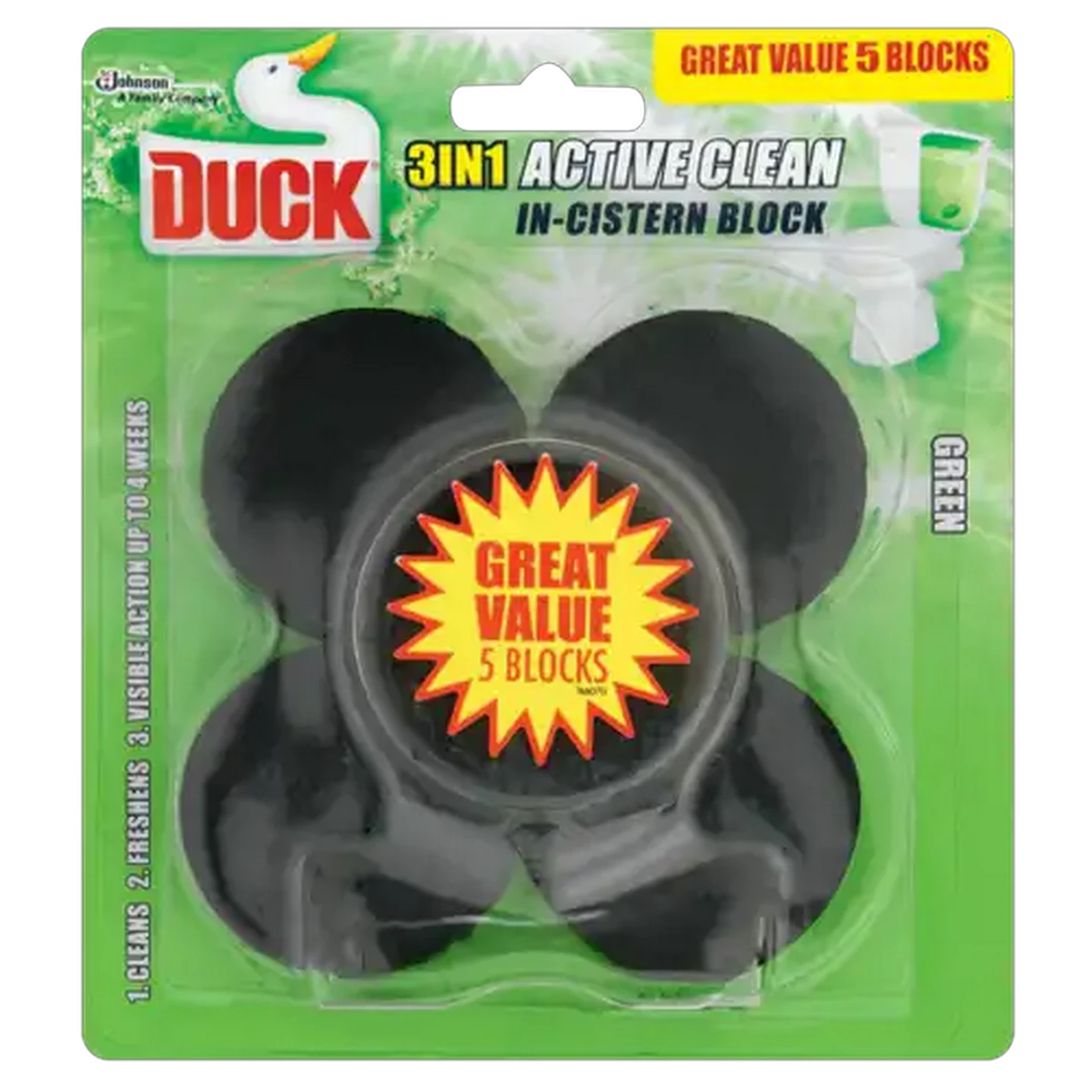 Image of Duck 3-In-1 Active Clean Green In-Cistern Block 5 x 45g