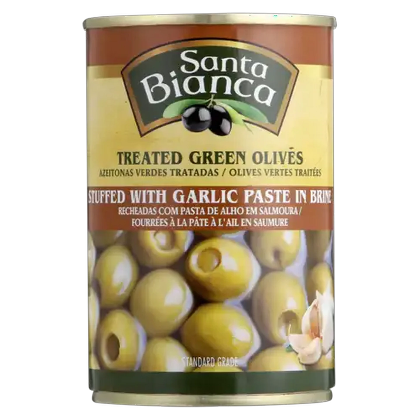 Image of Santa Bianca Treated Green Olives Stuffed With Garlic Paste In Brine 300g