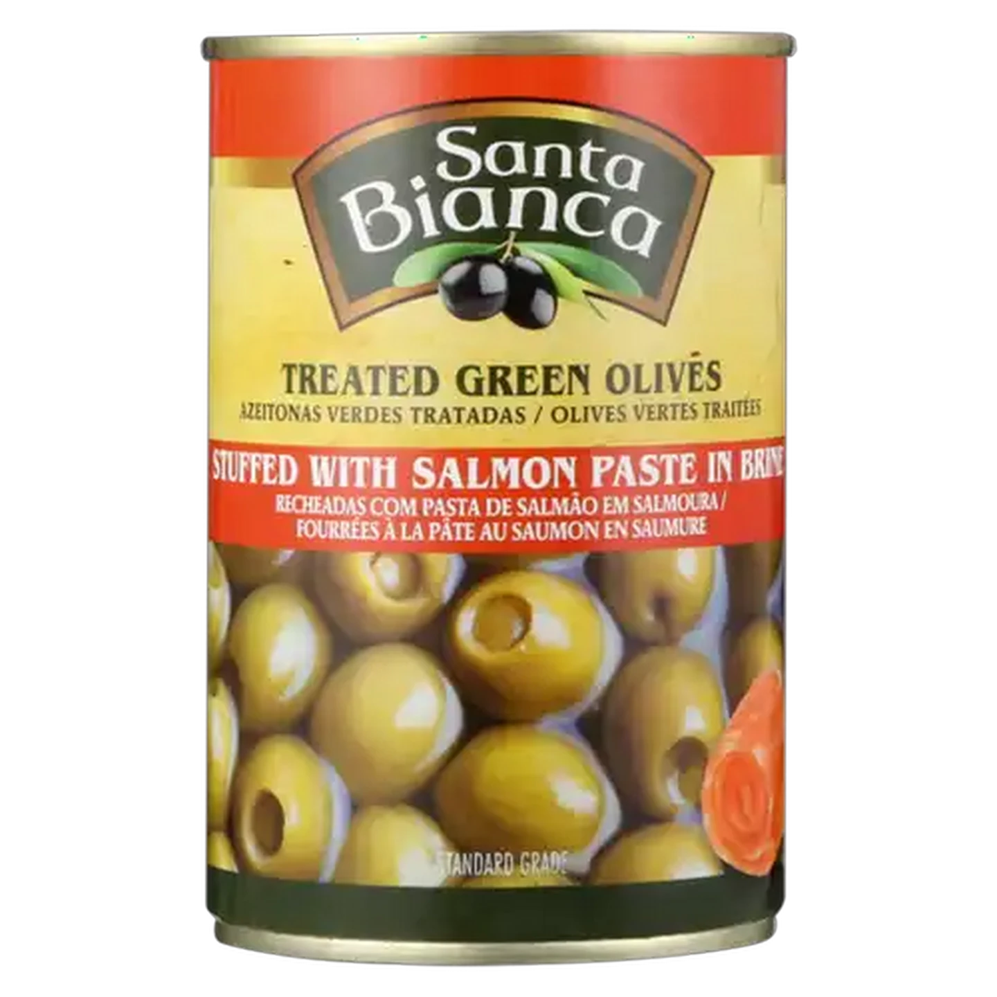 Image of Santa Bianca Treated Green Olives Stuffed With Salmon Paste In Brine Can 300g
