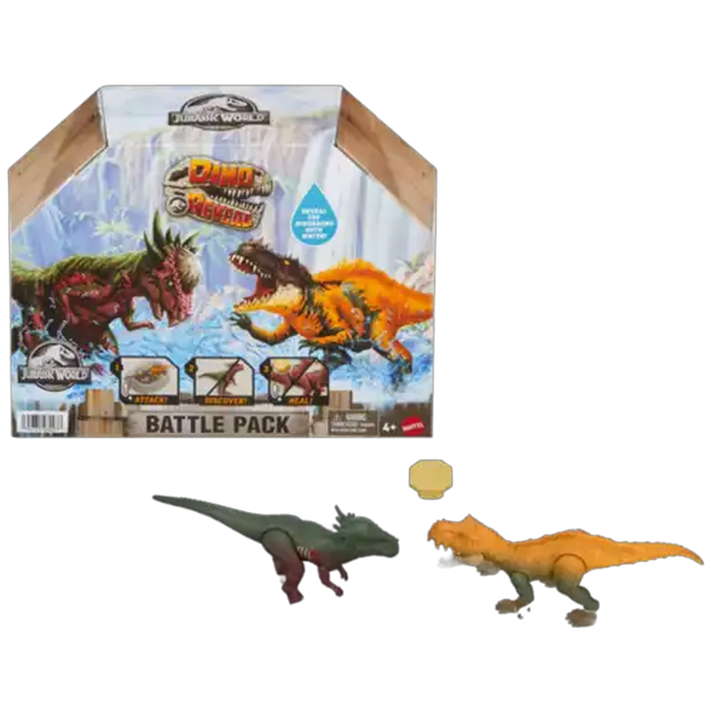 Image of Jurassic World Dino Reveal Dinosaur 2-Pack of Toys with Battle Arena, Warm Water Uncovers Full Decoration, Color Change Play, Species Vary