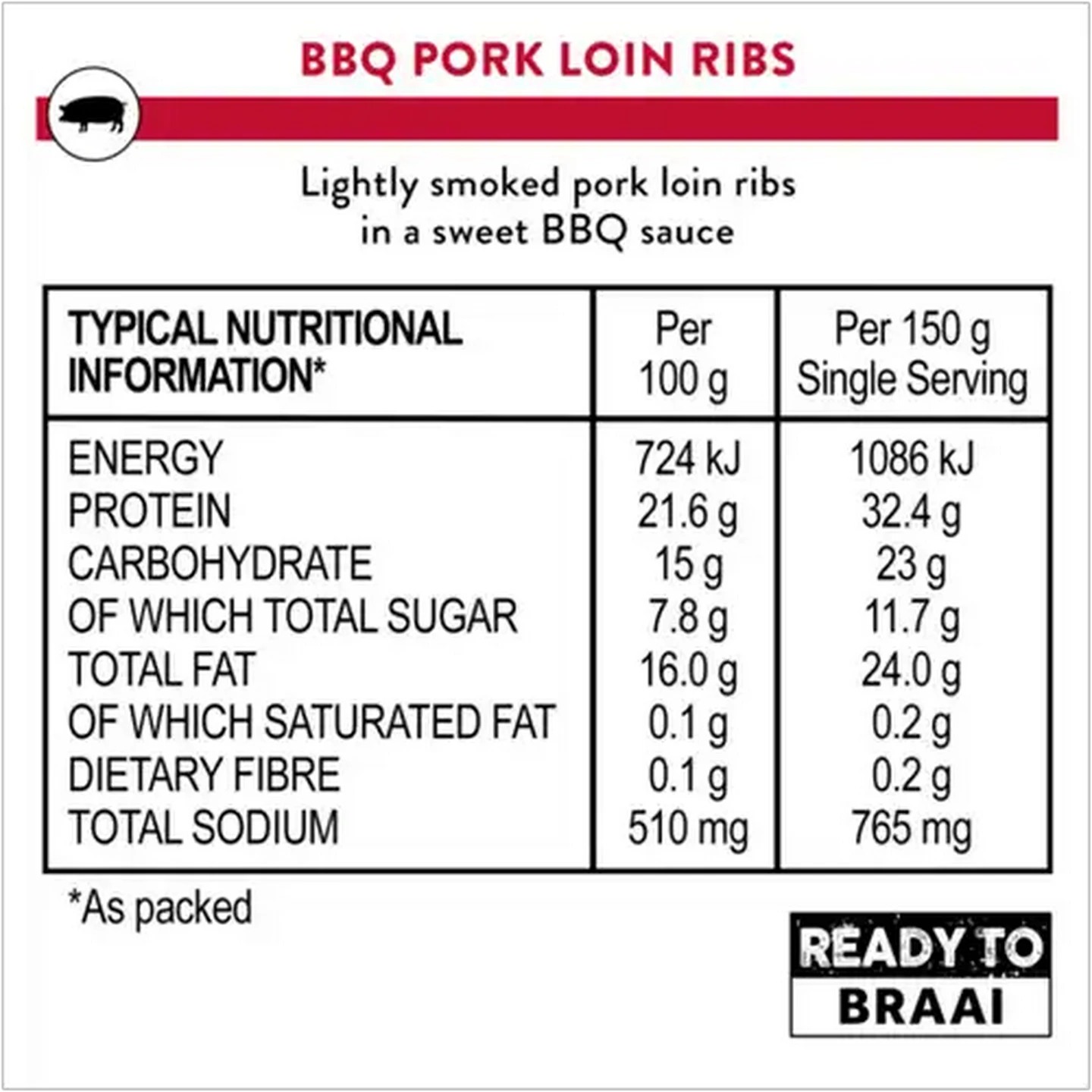 Image of Ready To Braai BBQ Pork Loin Ribs 750g