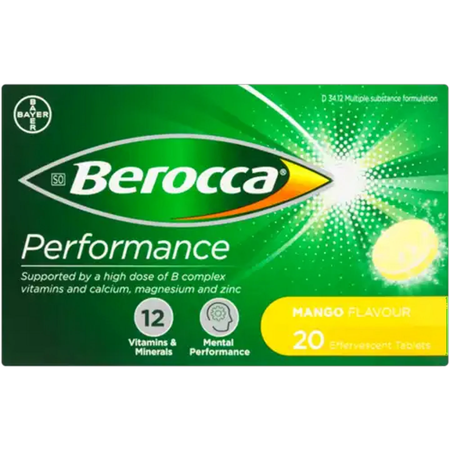 Image of Berocca Performance Mango Flavour Effervescent Tablets 20 Pack