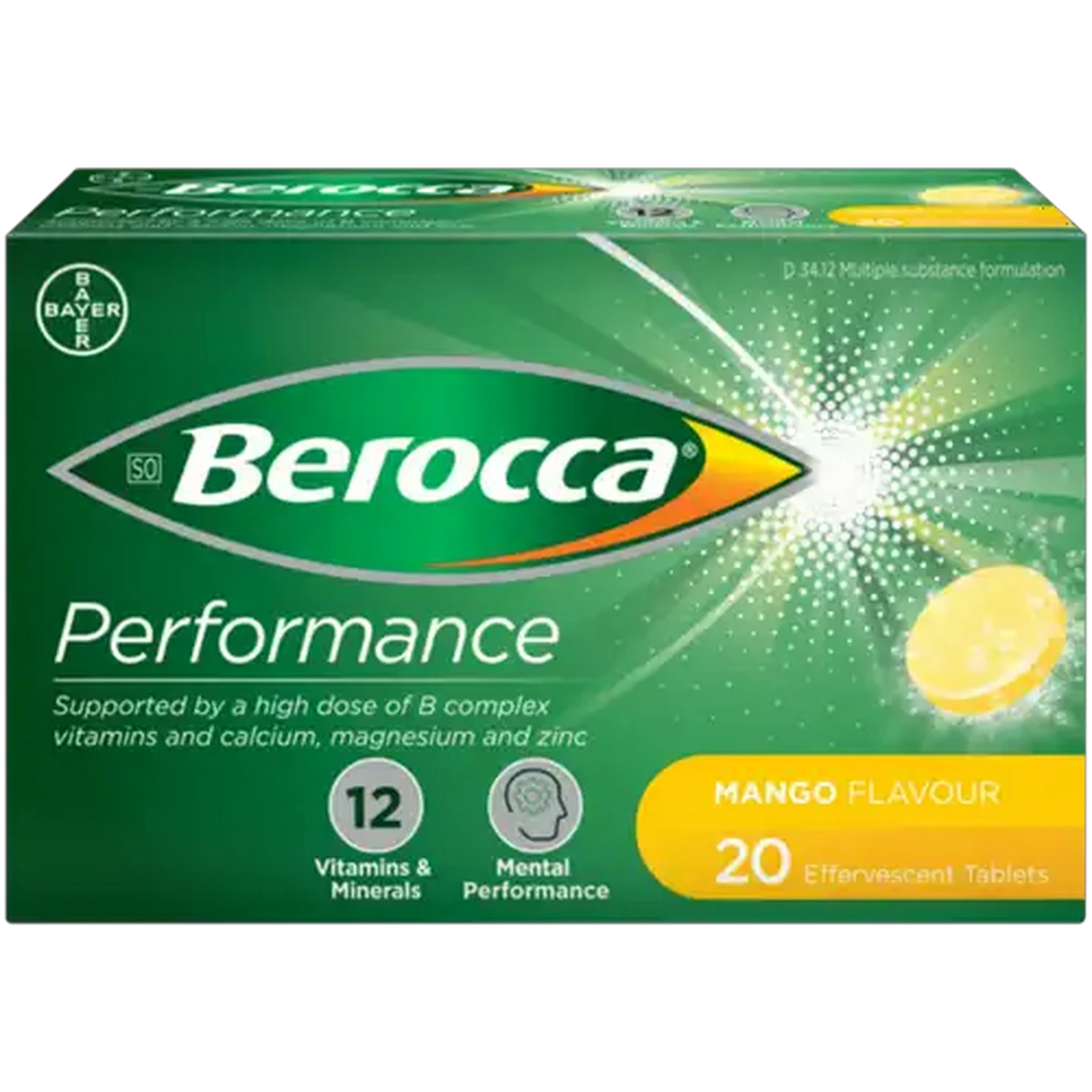 Image of Berocca Performance Mango Flavour Effervescent Tablets 20 Pack