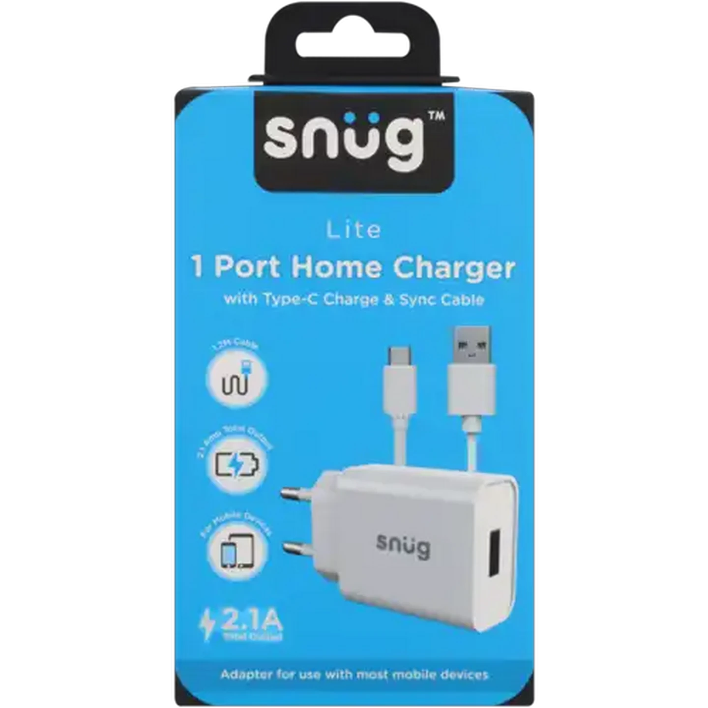 Image of Snug White USB Type-C Charge & Sync Cable with Home Charger Adaptor 1.2m 2.1A