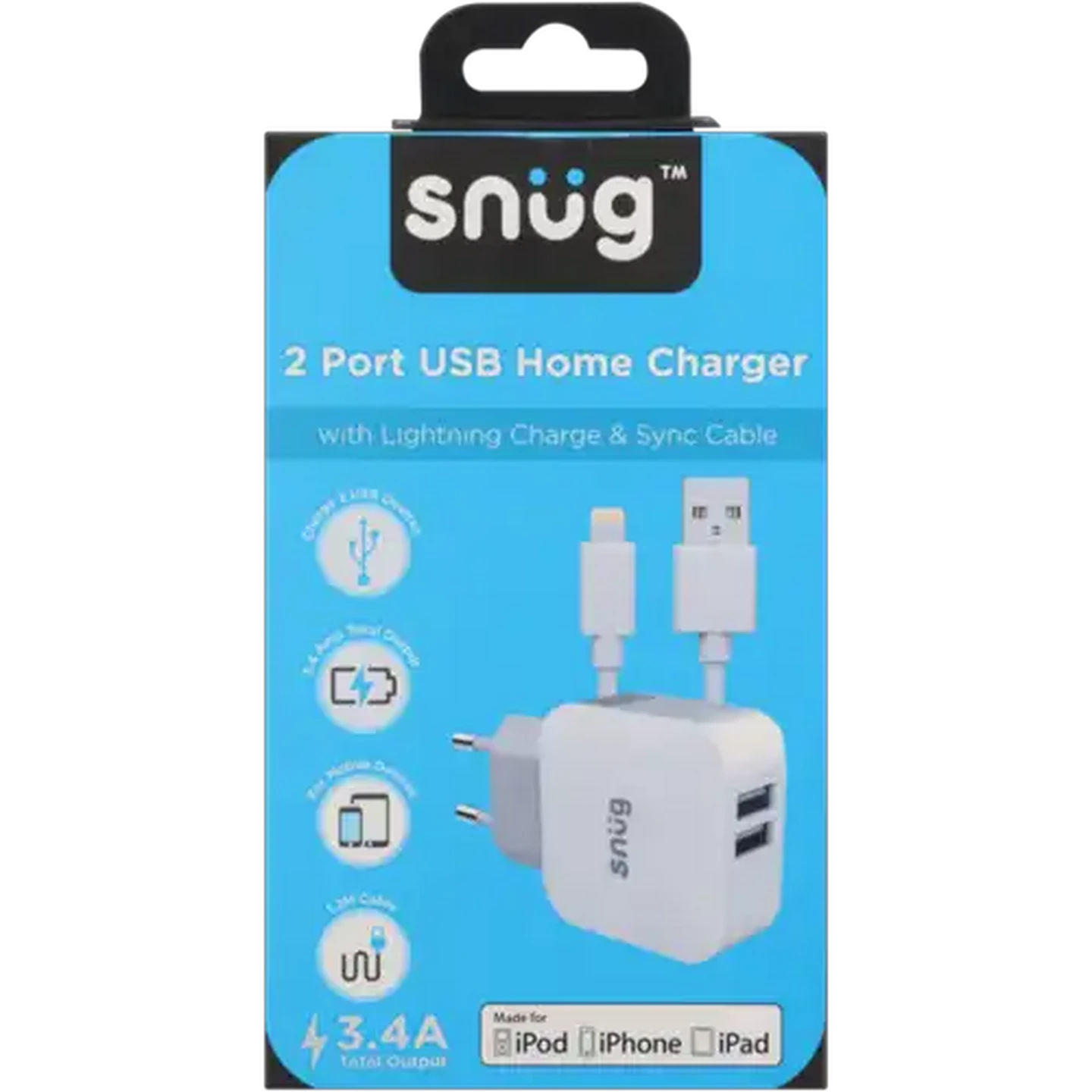 Image of Snug White Lightning Charge & Sync Cable With Dual Port USB-A Home Charger Adaptor 1.2m 3.4A