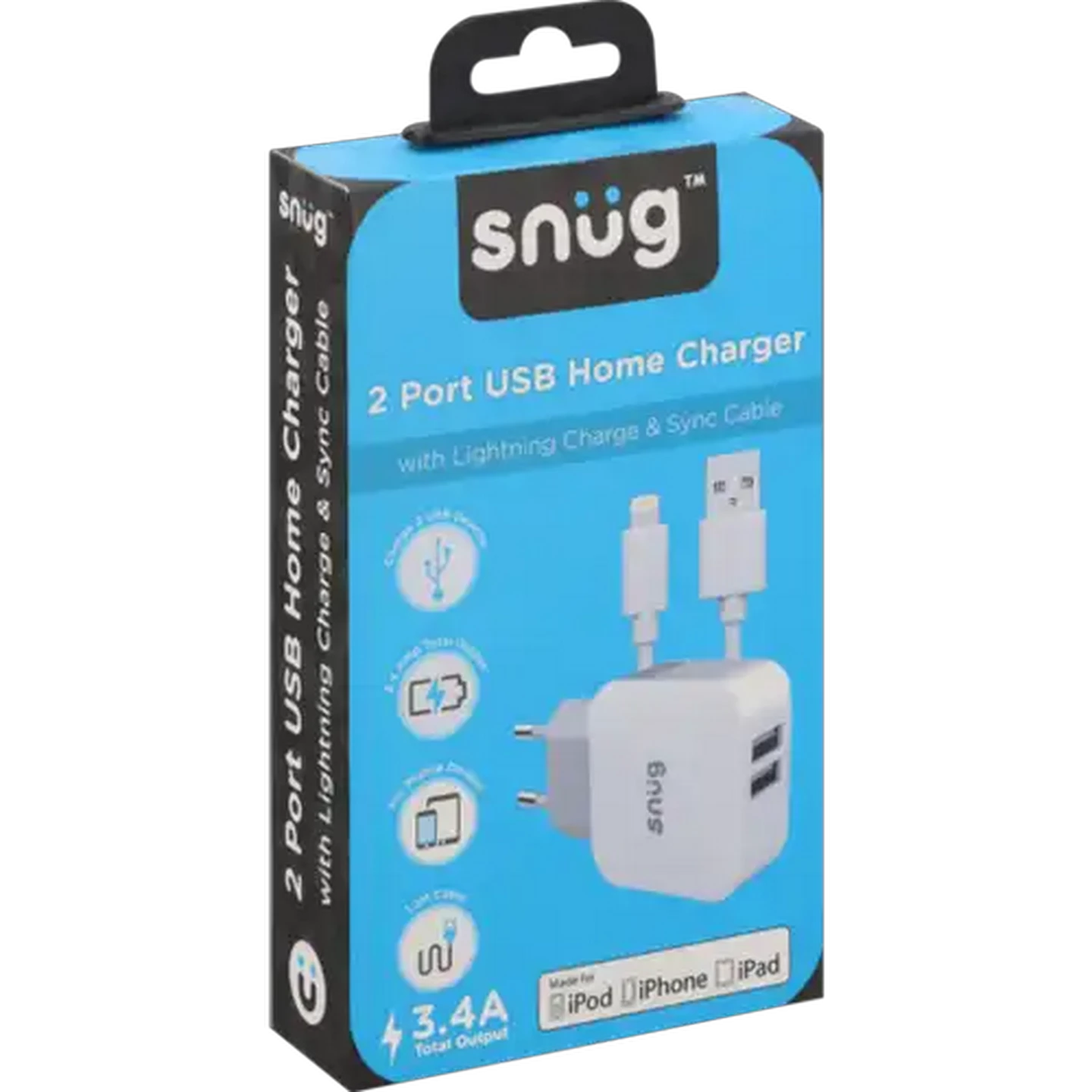 Image of Snug White Lightning Charge & Sync Cable With Dual Port USB-A Home Charger Adaptor 1.2m 3.4A