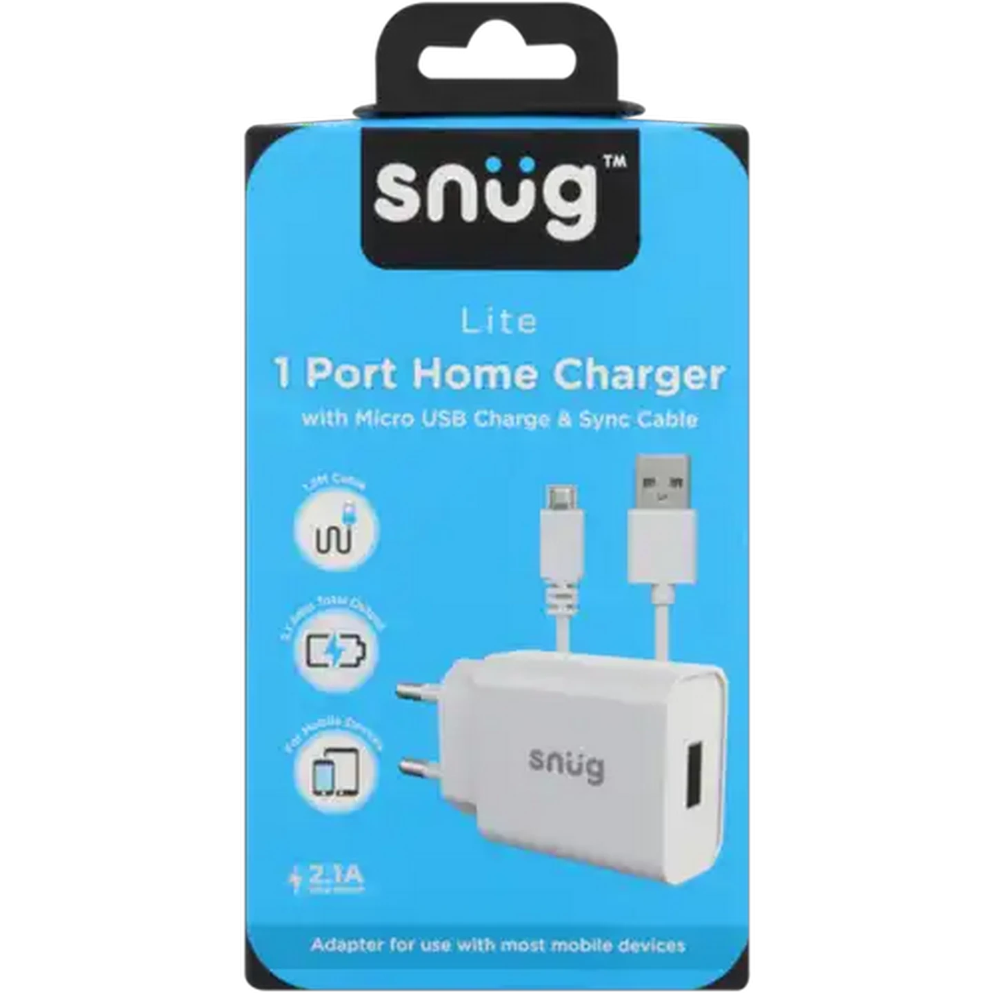Image of Snug White Micro-USB Charge & Sync Cable with Home Charger Adaptor 1.2m 2.1A