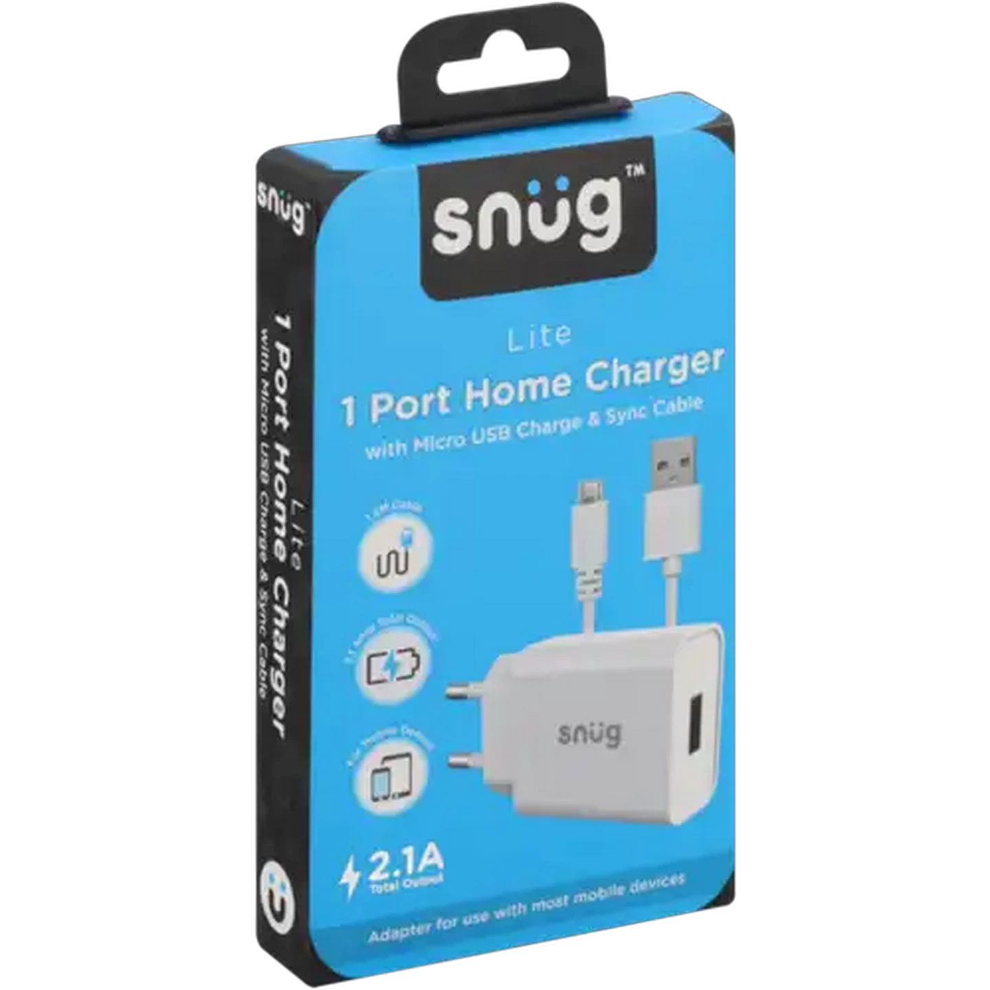 Image of Snug White Micro-USB Charge & Sync Cable with Home Charger Adaptor 1.2m 2.1A