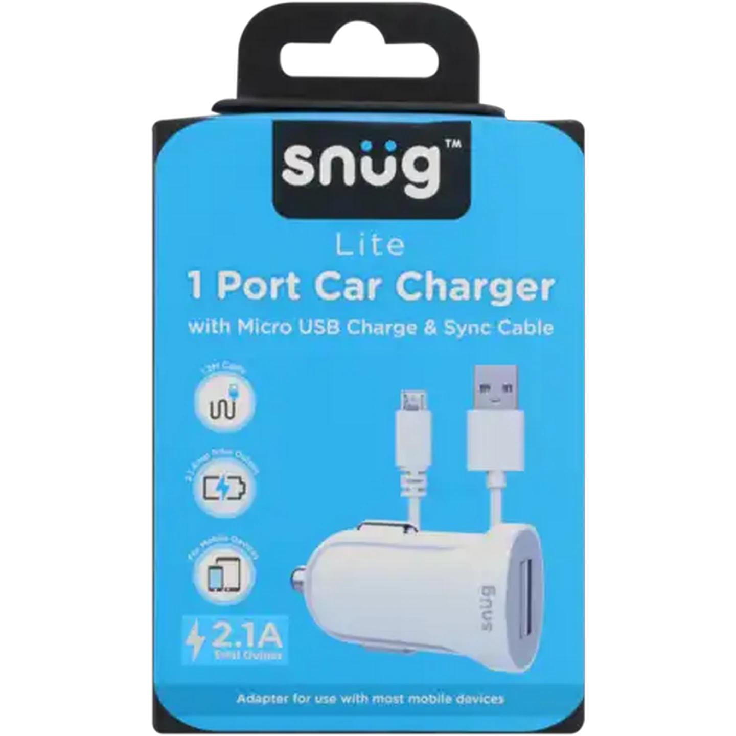 Image of Snug White Micro-USB Charge & Sync Cable with Car Charger Adaptor 1.2m 2.1A