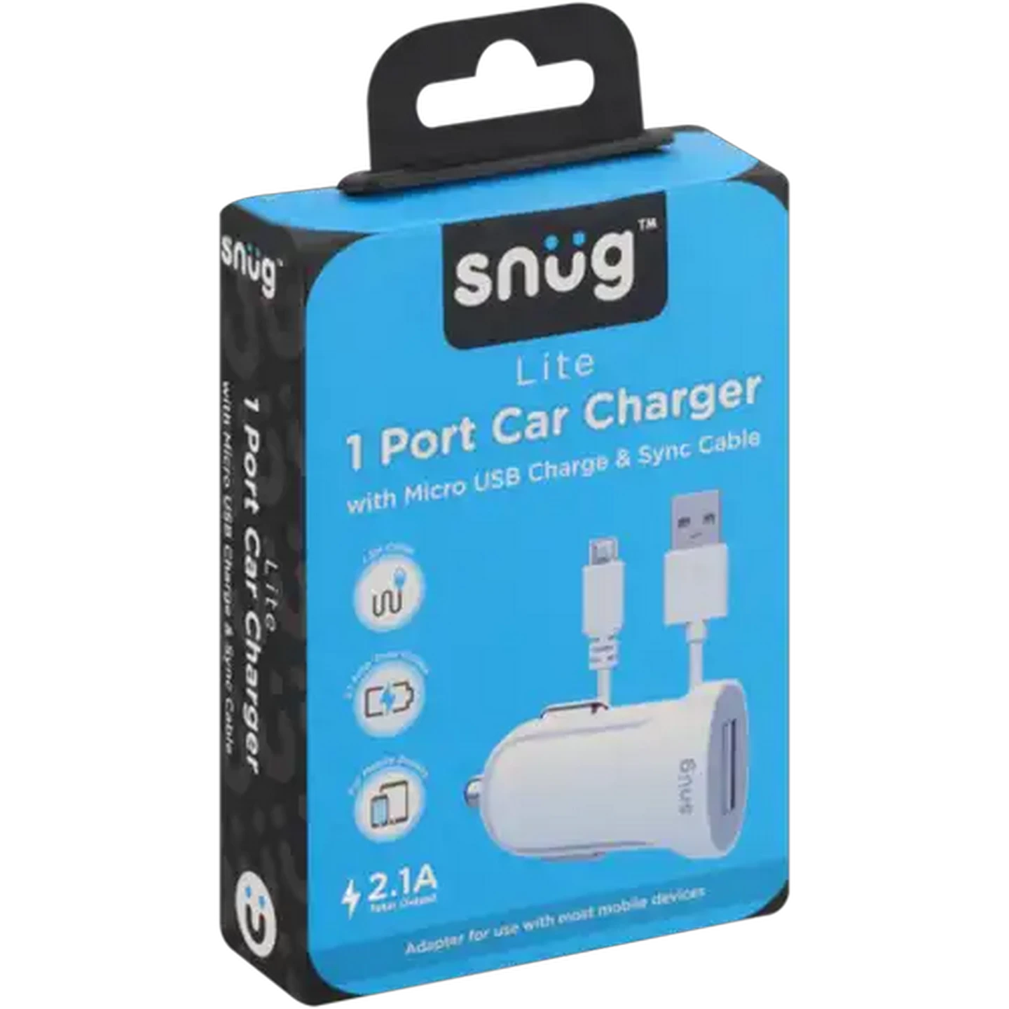 Image of Snug White Micro-USB Charge & Sync Cable with Car Charger Adaptor 1.2m 2.1A
