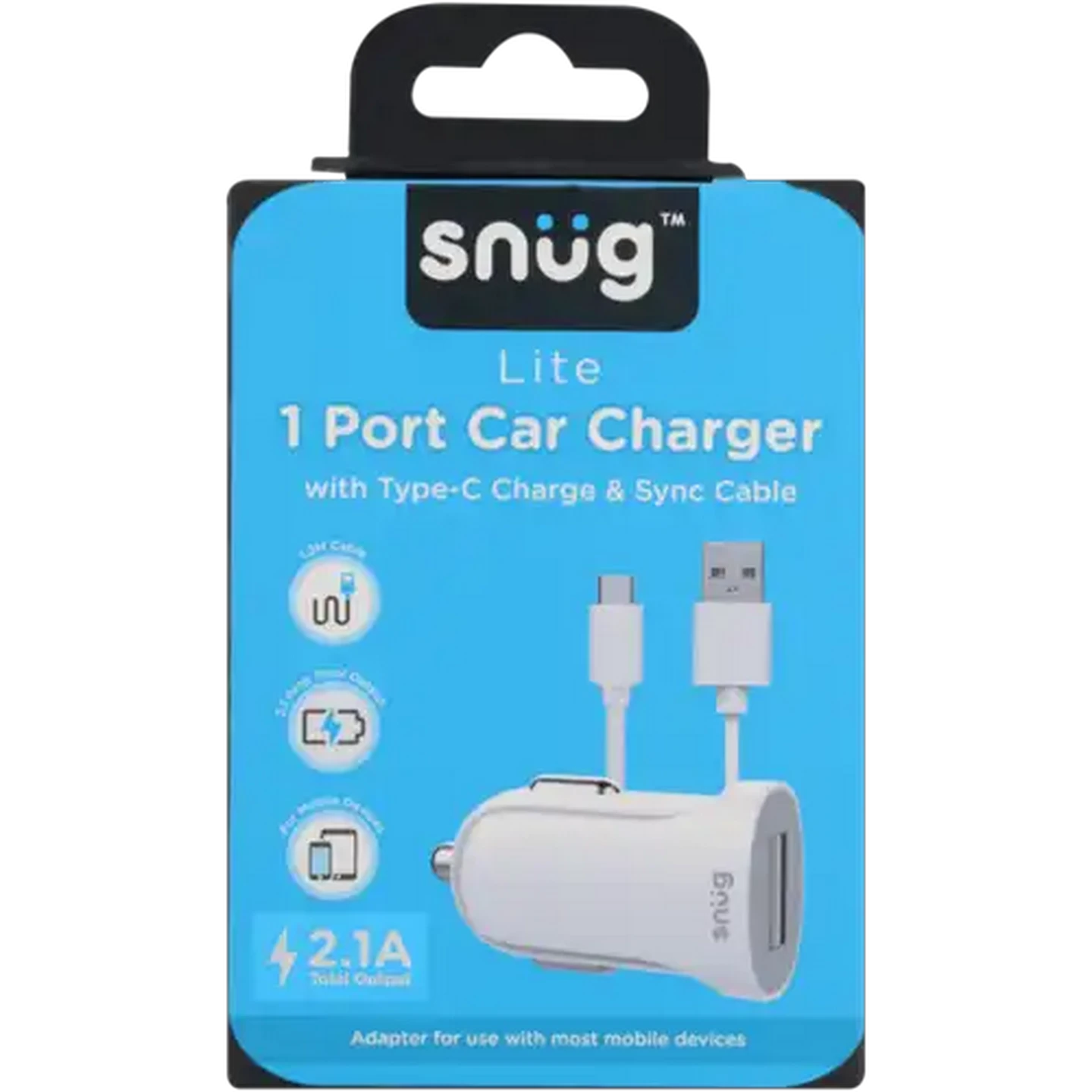 Image of Snug White USB Type-C Charge & Sync Cable with Car Charger Adaptor 1.2m 2.1A