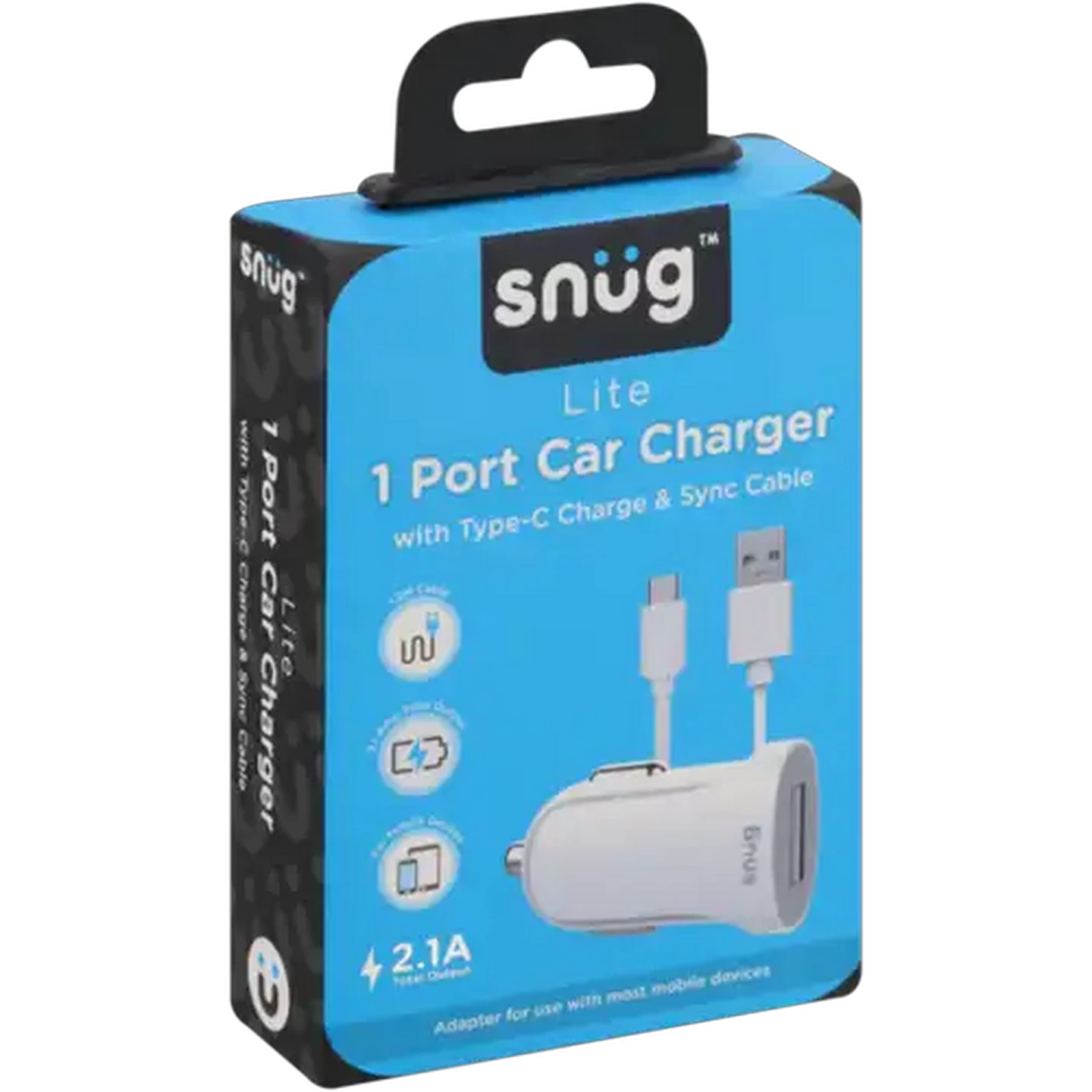 Image of Snug White USB Type-C Charge & Sync Cable with Car Charger Adaptor 1.2m 2.1A