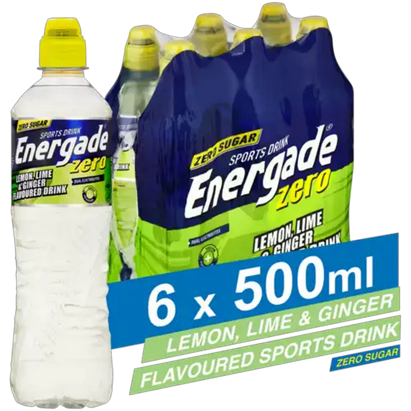 Image of Energade Zero Lemon, Lime & Ginger Flavoured Sports Drink 6 x 500ml