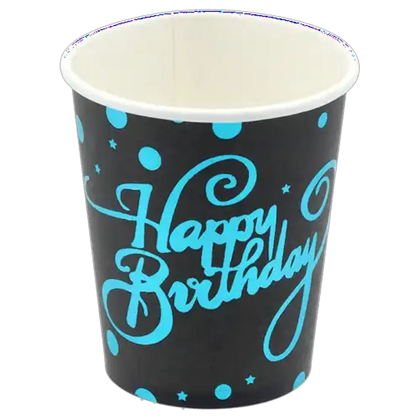 Image of Black & Blue Polka Print Happy Birthday Foil Cups 23cm 10 Pack