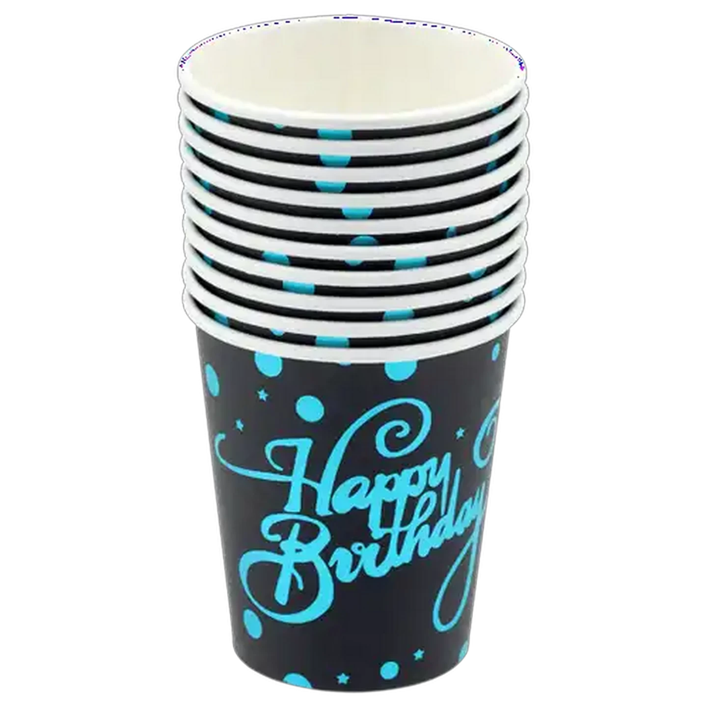 Image of Black & Blue Polka Print Happy Birthday Foil Cups 23cm 10 Pack