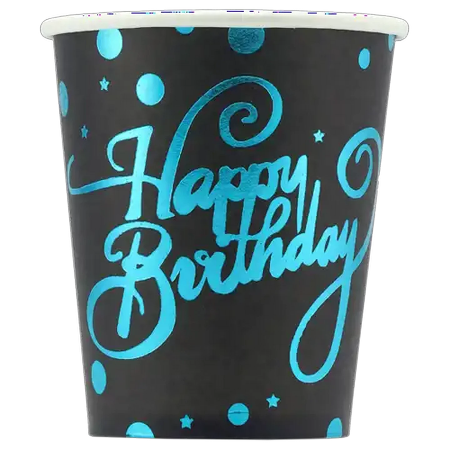 Image of Black & Blue Polka Print Happy Birthday Foil Cups 23cm 10 Pack