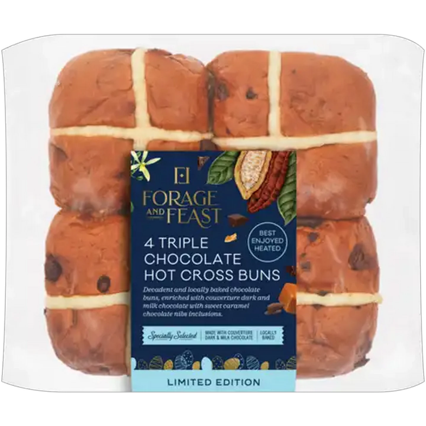 Image of Forage And Feast Limited Edition Triple Chocolate Hot Cross Buns 4 Pack