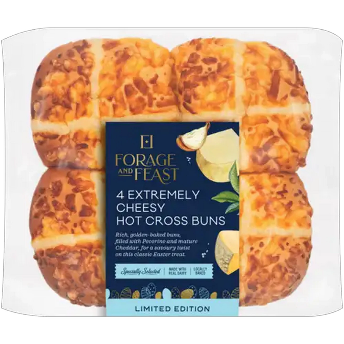 Image of Forage And Feast Limited Edition Extremely Cheesy Hot Cross Buns 4 Pack