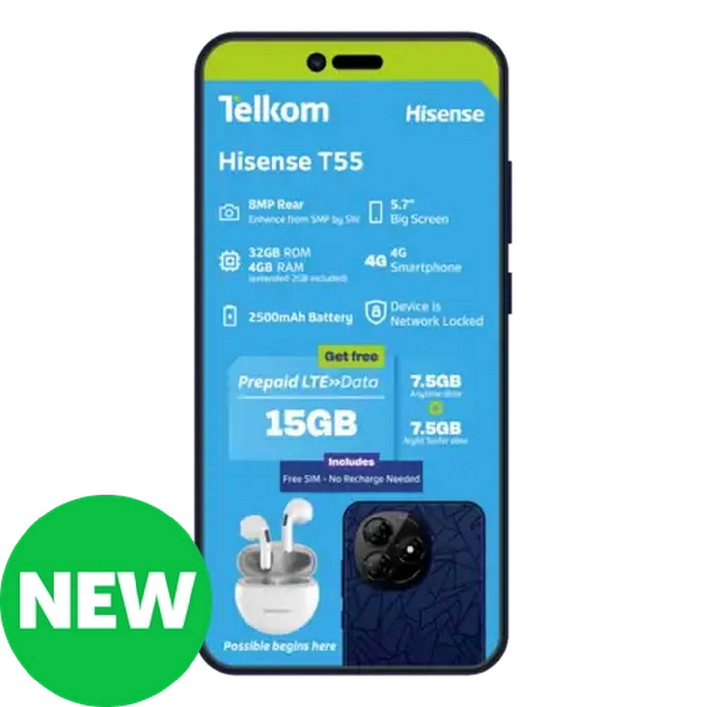 Image of Hisense T55 Blue Smartphone 32G with Earpods