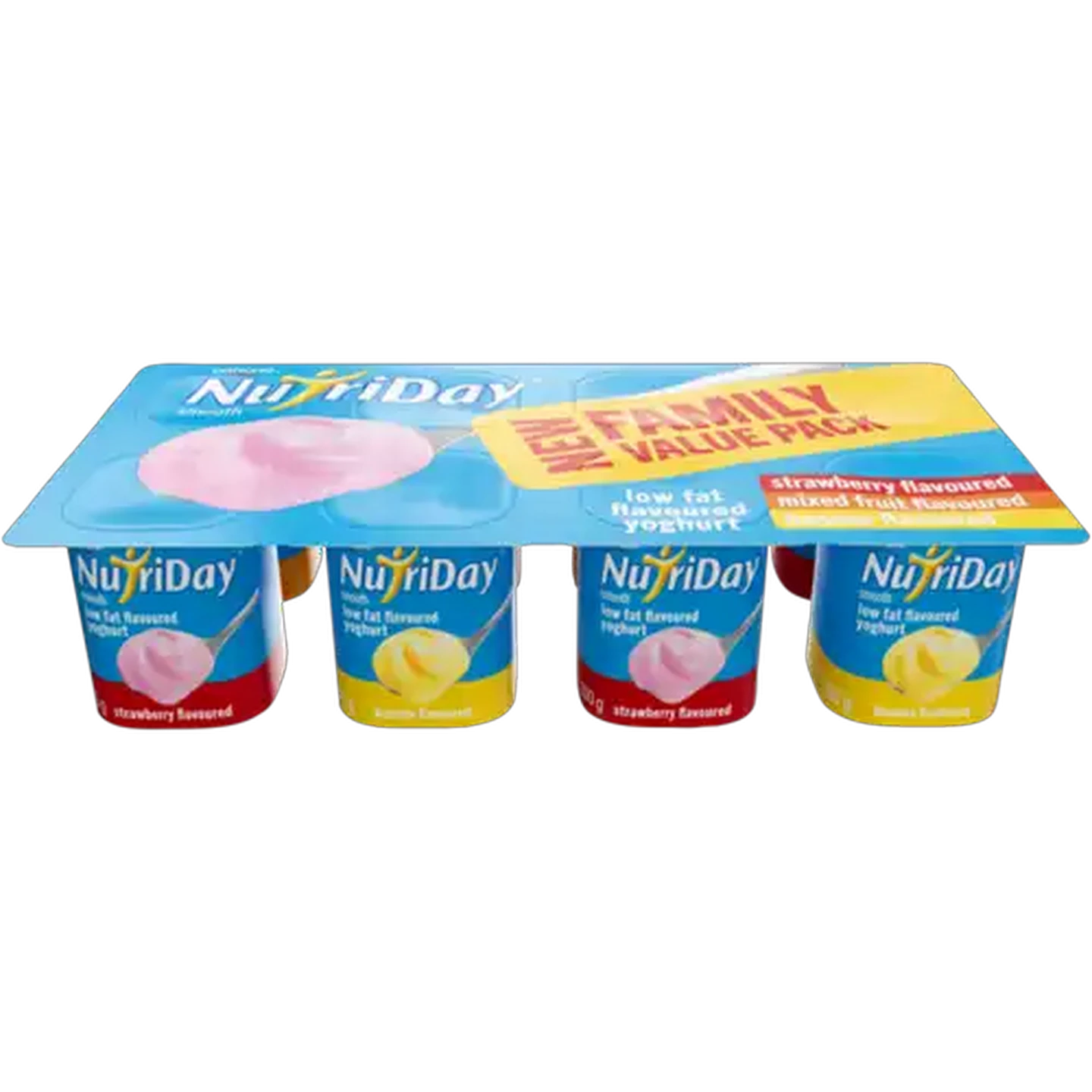 Image of Danone NutriDay Strawberry, Mixed Fruit & Banana Flavoured Low Fat Smooth Yoghurt 8 x 100g