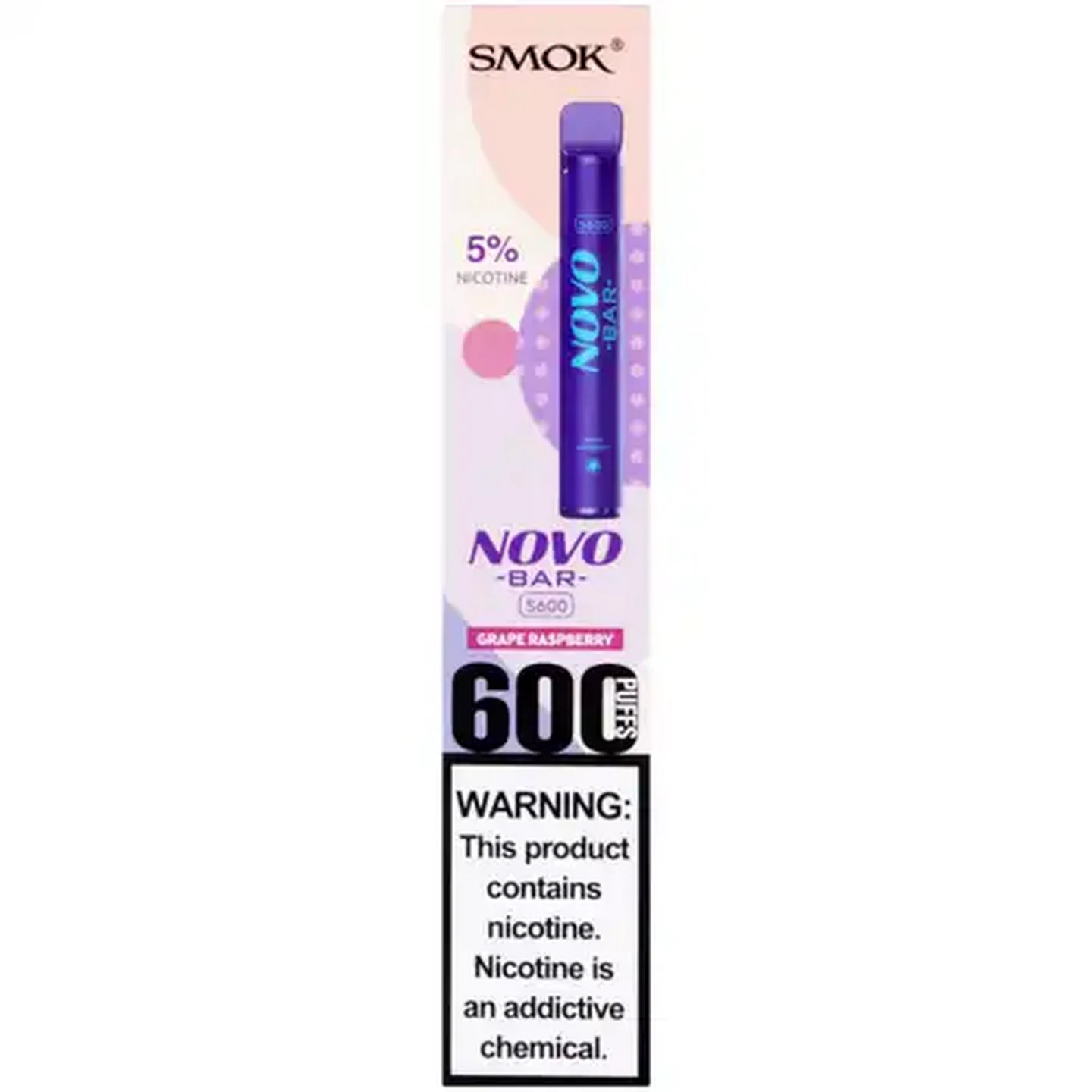 Image of SMOK Novo Bar Purple Grape Raspberry 5% S600 Disposable Vape 3.2ml (Non-Refundable. Non-Returnable.)