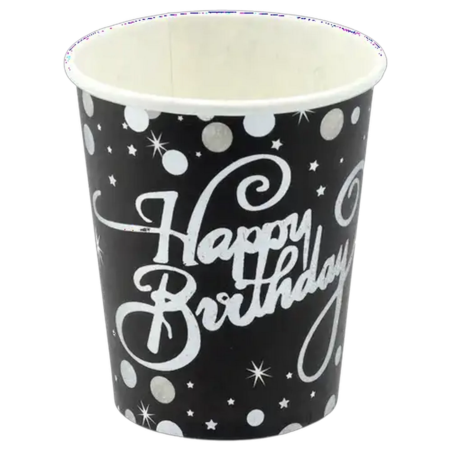 Image of Black & Silver Foil Happy Birthday Print Cups 10 Piece