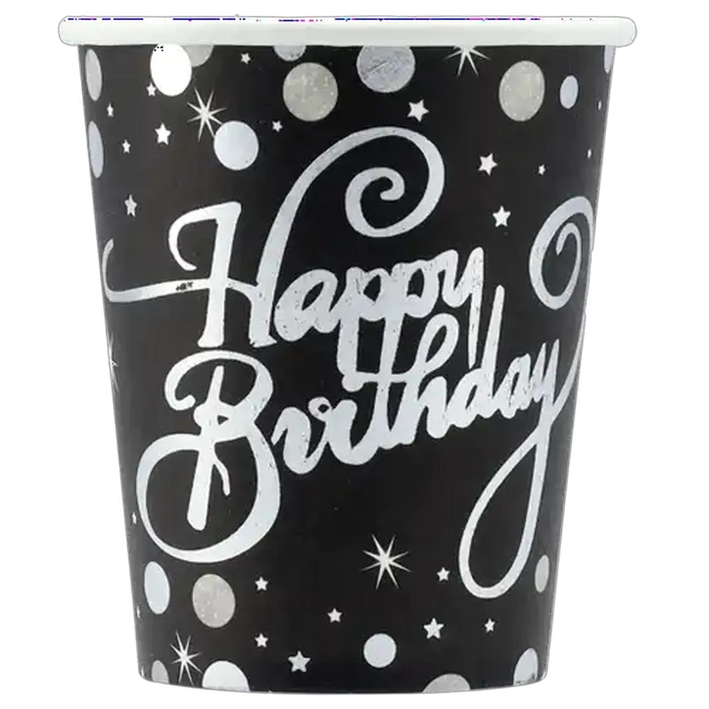 Image of Black & Silver Foil Happy Birthday Print Cups 10 Piece