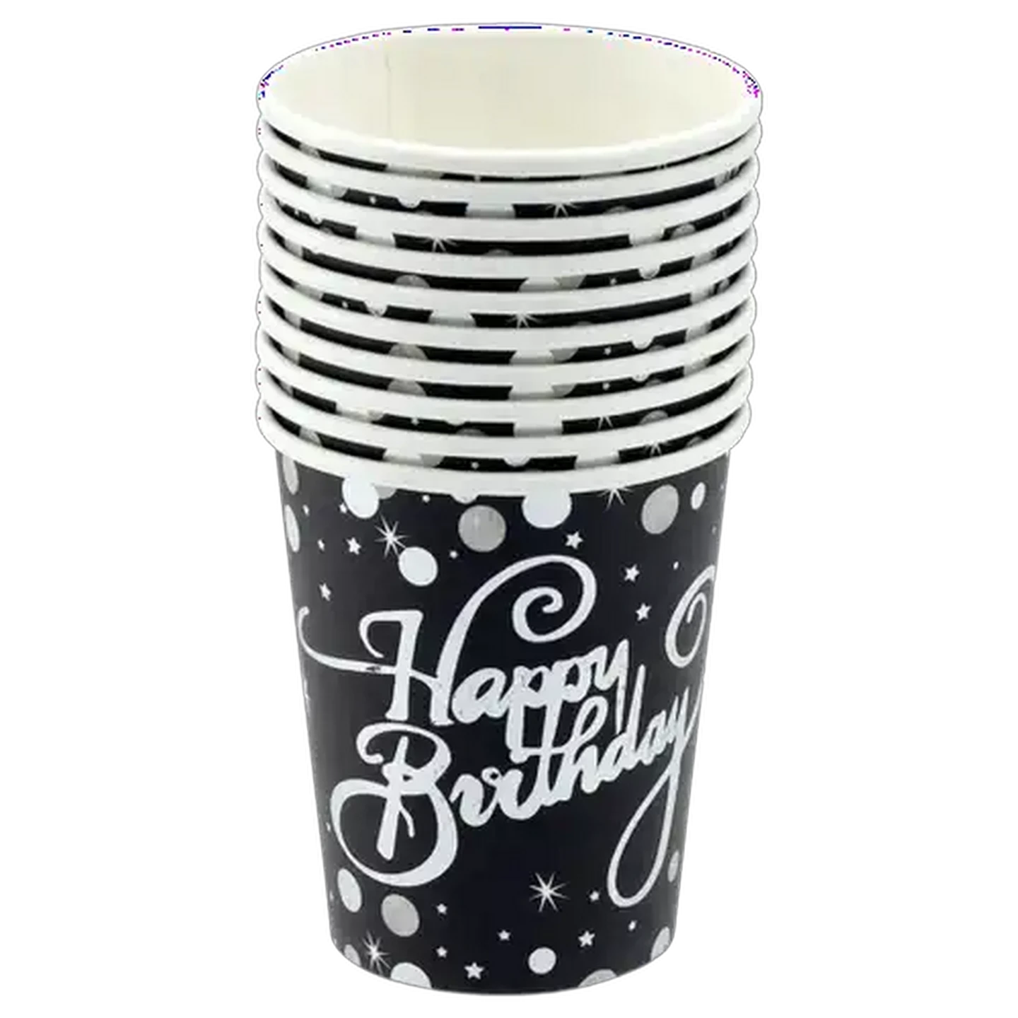 Image of Black & Silver Foil Happy Birthday Print Cups 10 Piece