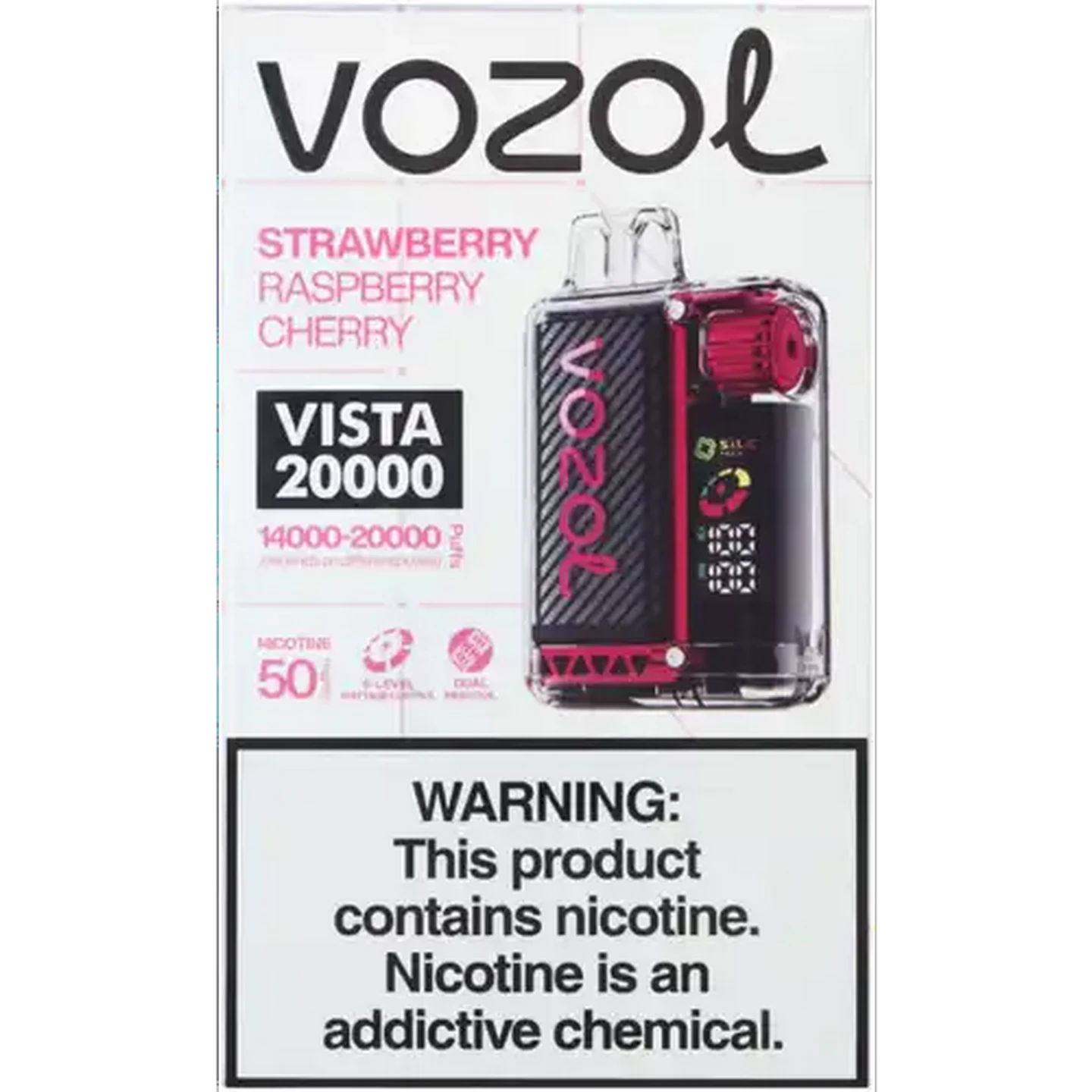 Image of Vozol Strawberry Raspberry Cherry 5% Vista 20000 Rechargeable Disposable Vape 12ml (Non-Refundable. Non-Returnable.)