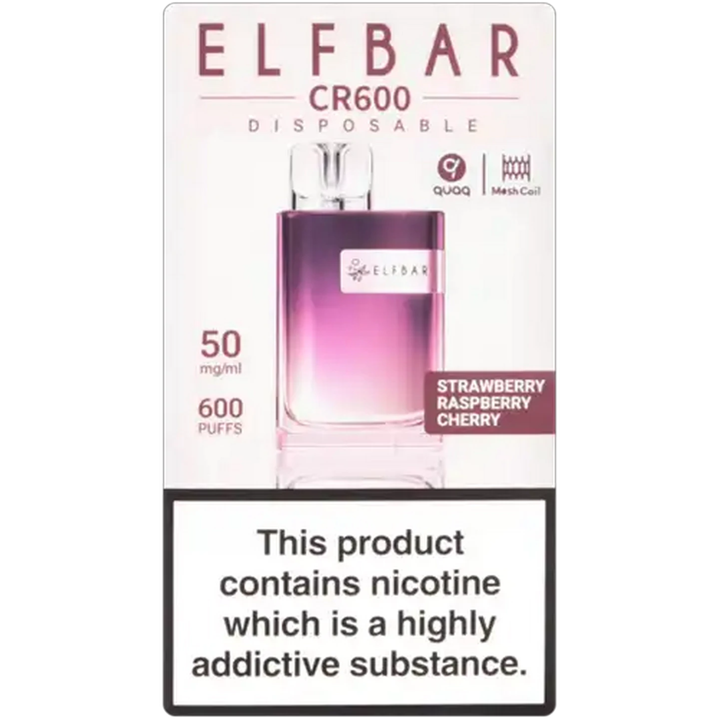 Image of ELFBAR CR600 Strawberry Raspberry Cherry 5% Disposable Vape 2ml (Non-Refundable. Non-Returnable.)