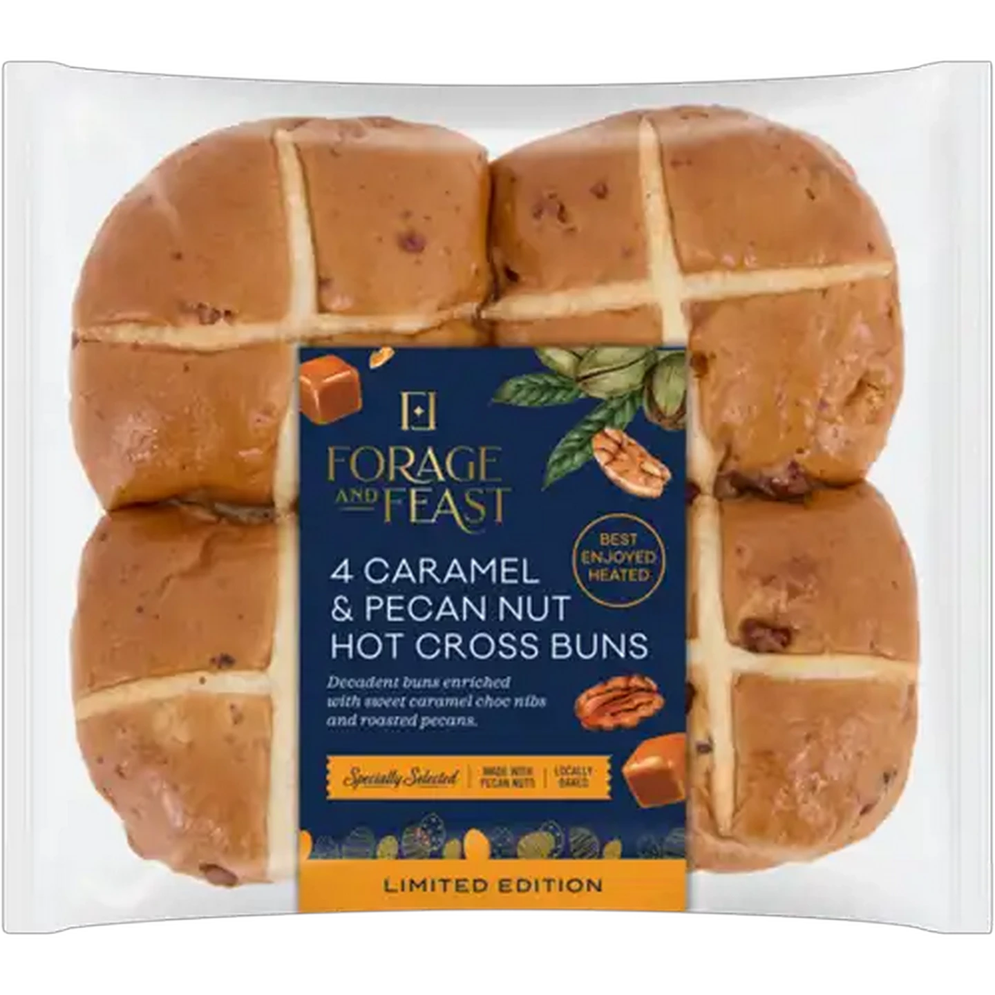 Image of Forage And Feast Limited Edition Caramel & Pecan Nut Hot Cross Buns 4 Pack