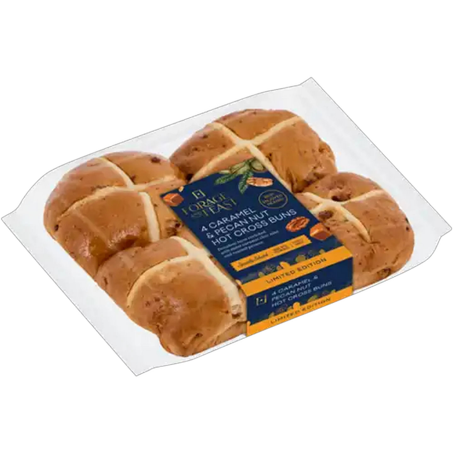Image of Forage And Feast Limited Edition Caramel & Pecan Nut Hot Cross Buns 4 Pack
