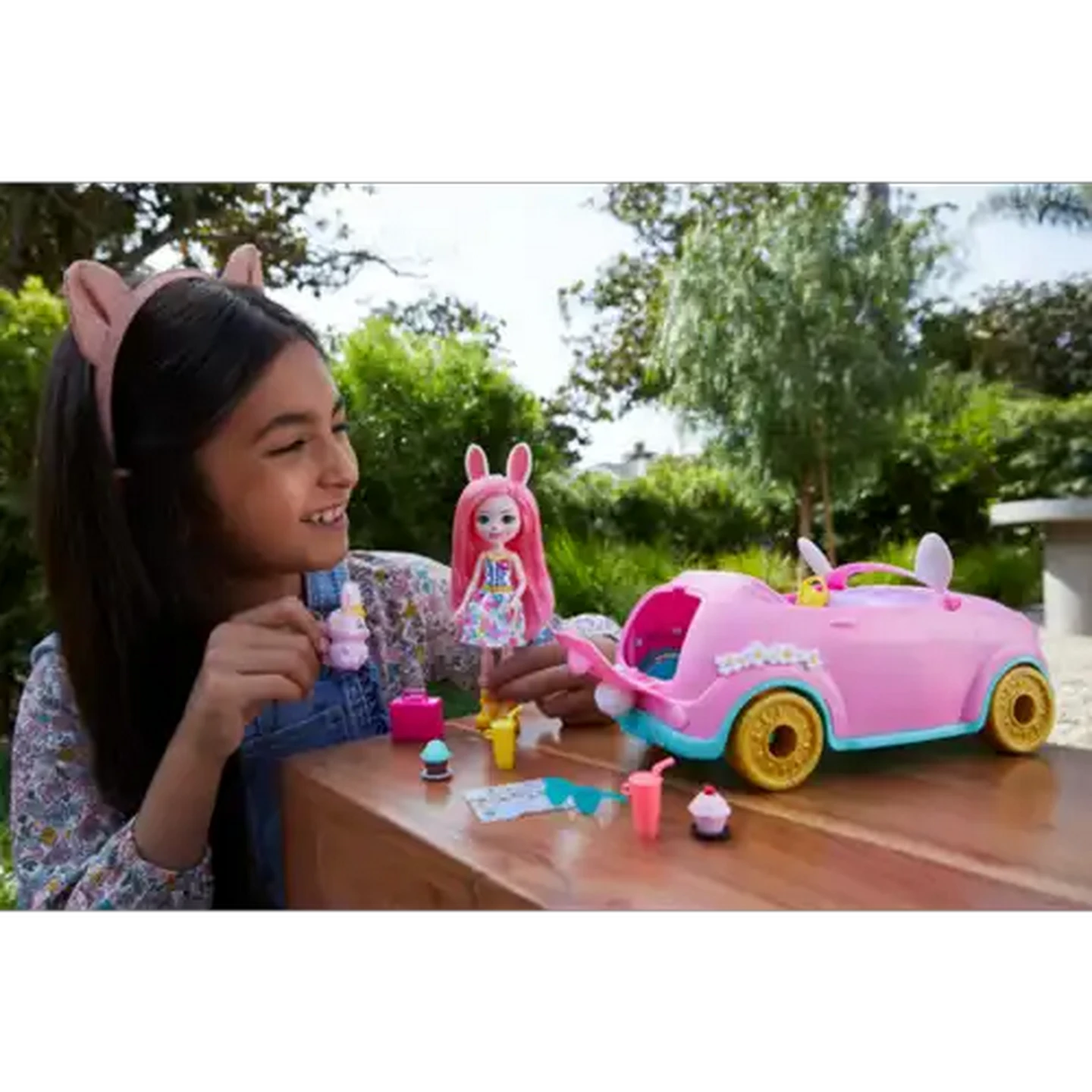 Image of Enchantimals Bunnymobile Car Playset with Doll and Bunny Figure