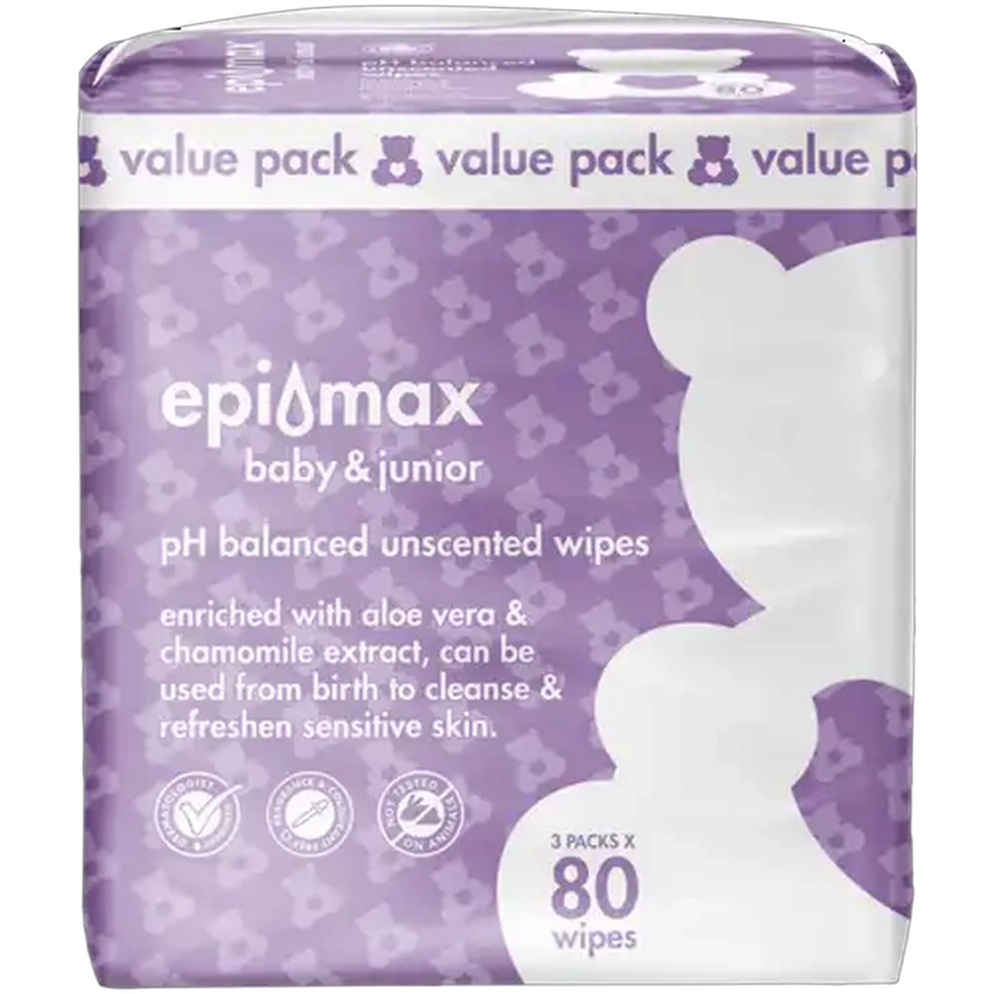 Image of Epi-max Baby & Junior Alcohol Free pH Balanced Unscented Wipes 3 x 80-Pack