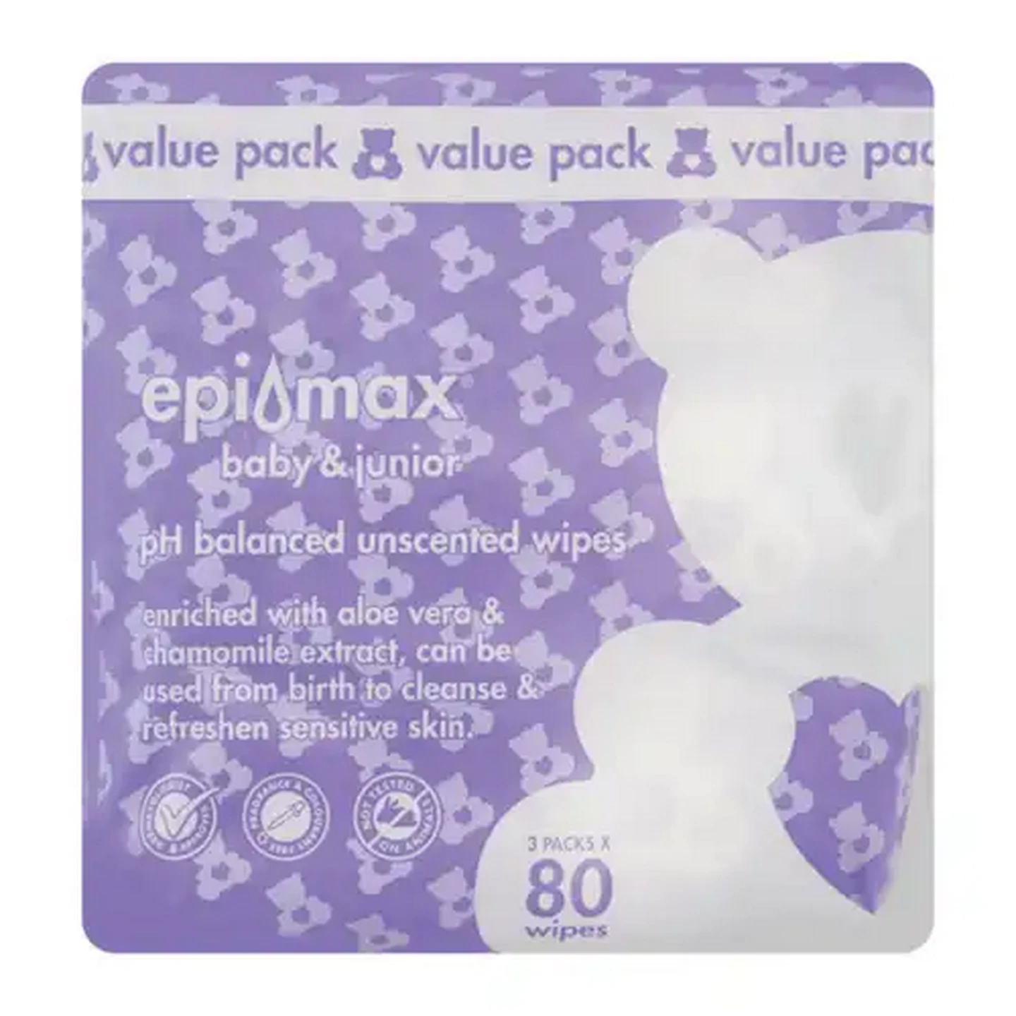 Image of Epi-max Baby & Junior Alcohol Free pH Balanced Unscented Wipes 3 x 80-Pack