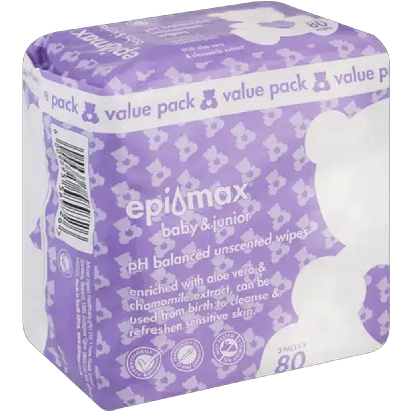 Image of Epi-max Baby & Junior Alcohol Free pH Balanced Unscented Wipes 3 x 80-Pack