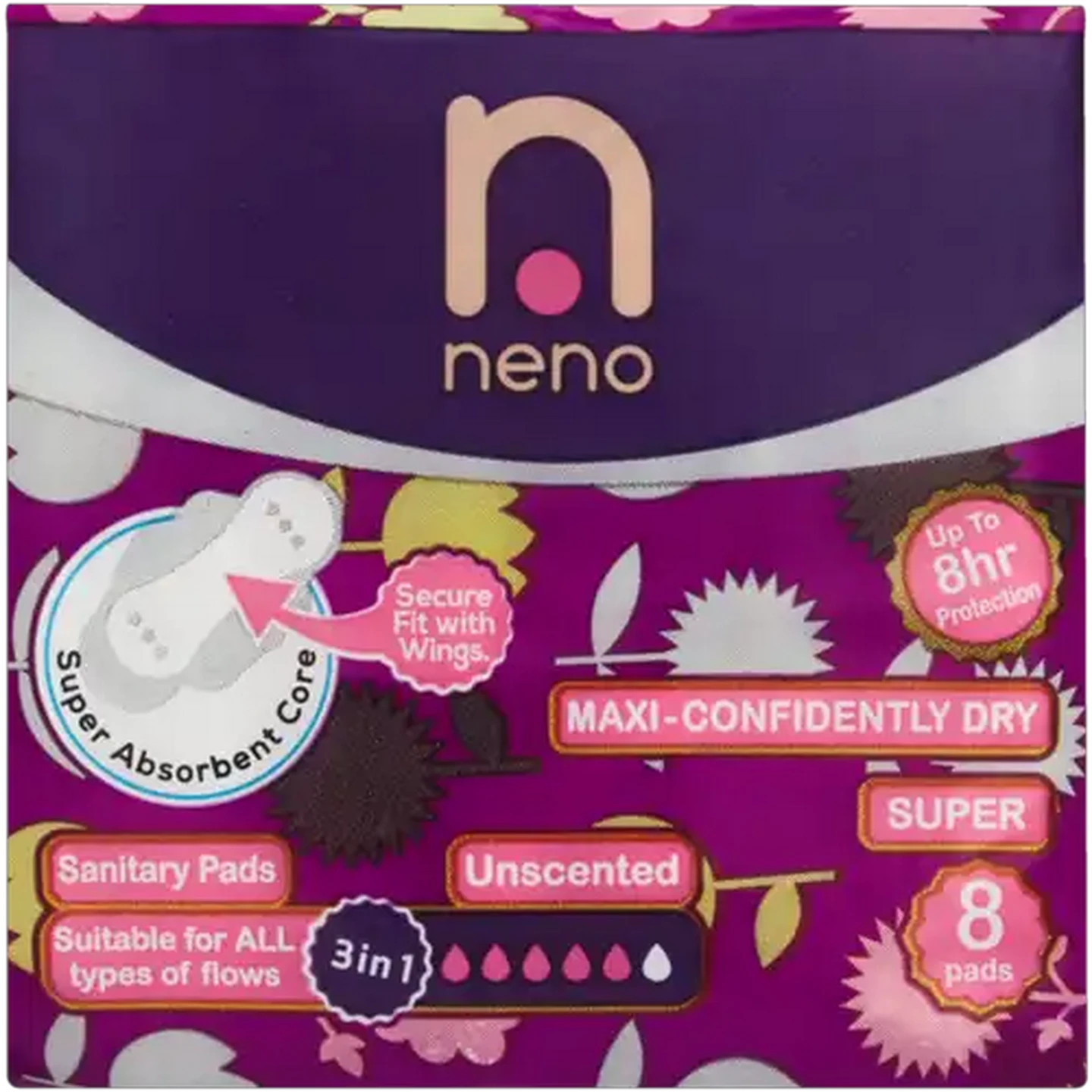 Image of Neno Super Maxi-Confidently Dry Unscented Sanitary Pads with Wings 8 Pack