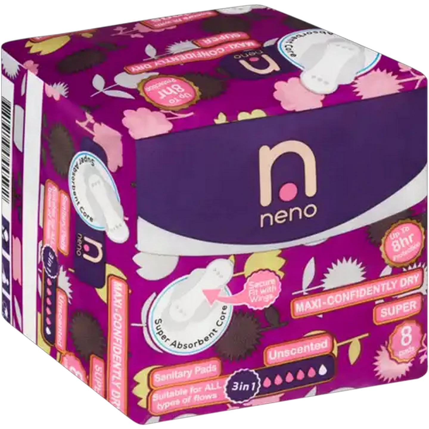 Image of Neno Super Maxi-Confidently Dry Unscented Sanitary Pads with Wings 8 Pack