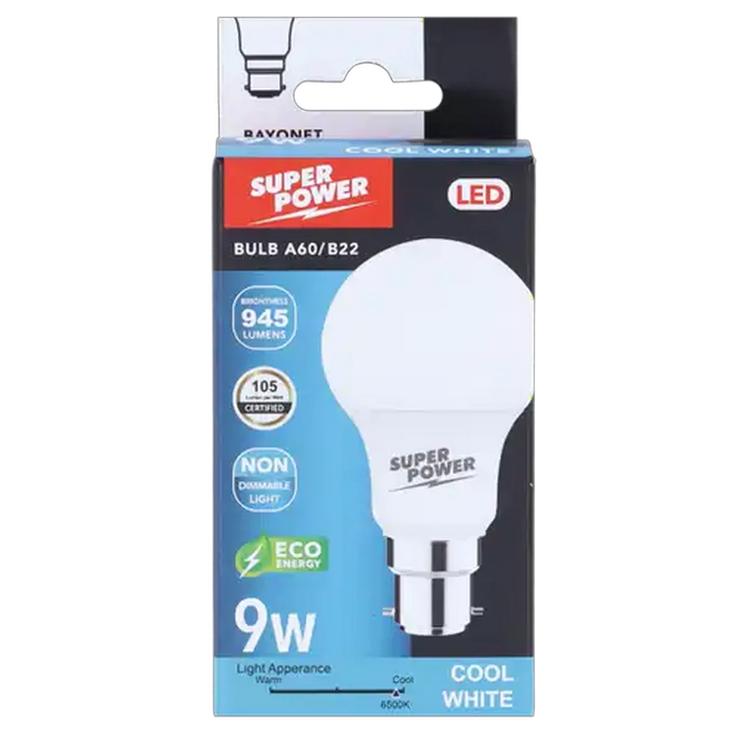 Image of Super Power A60 LED Globe Cool White Bayonet 9W