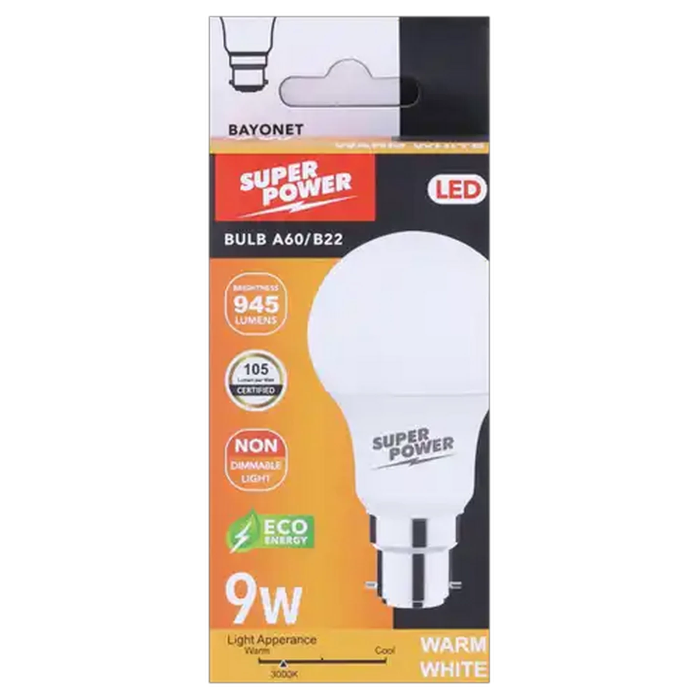 Image of Super Power A60 LED Globe Warm White BC Bayonet 9W