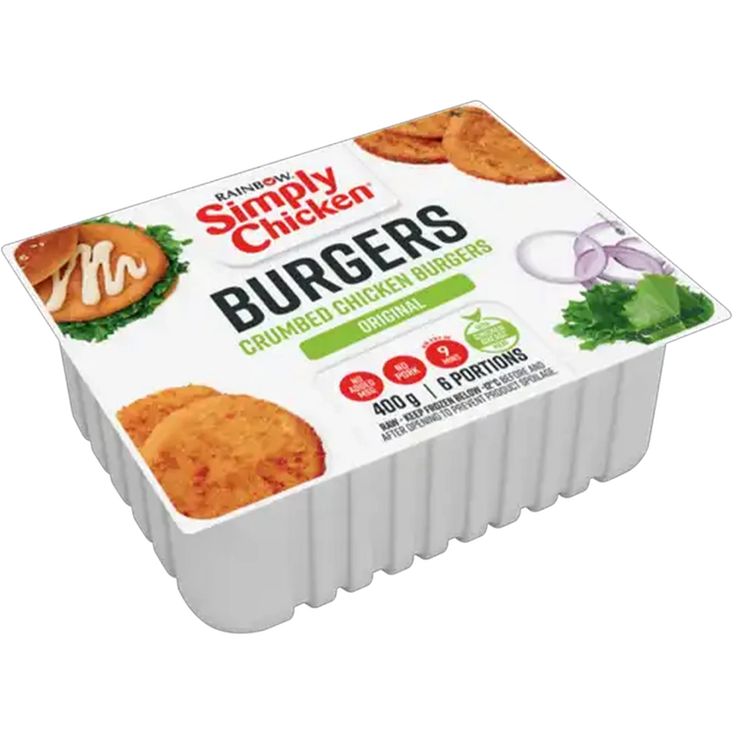 Image of RAINBOW Simply Chicken Frozen Crumbed Chicken Burger Patties 400g