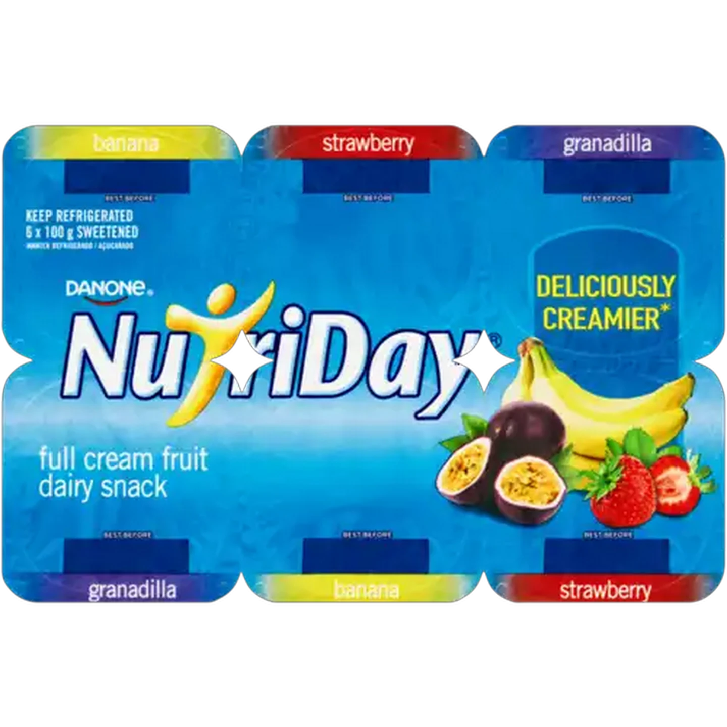 Image of Danone NutriDay Banana, Strawberry & Granadilla Full Cream Fruit Dairy Snack 6 x 100g