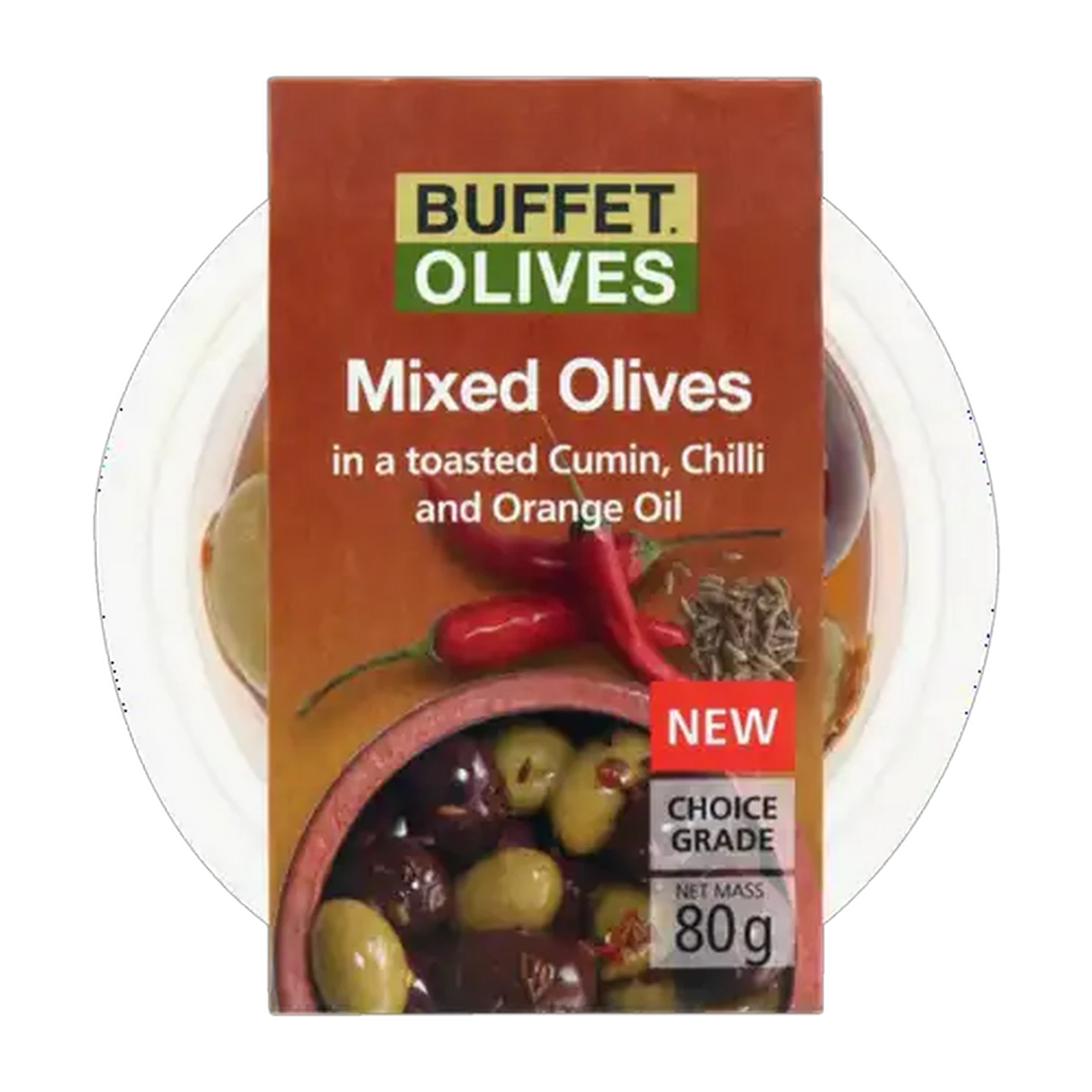 Image of Buffet Olives Mixed Olives In Toasted Cumin, Chilli & Orange Oil 80g