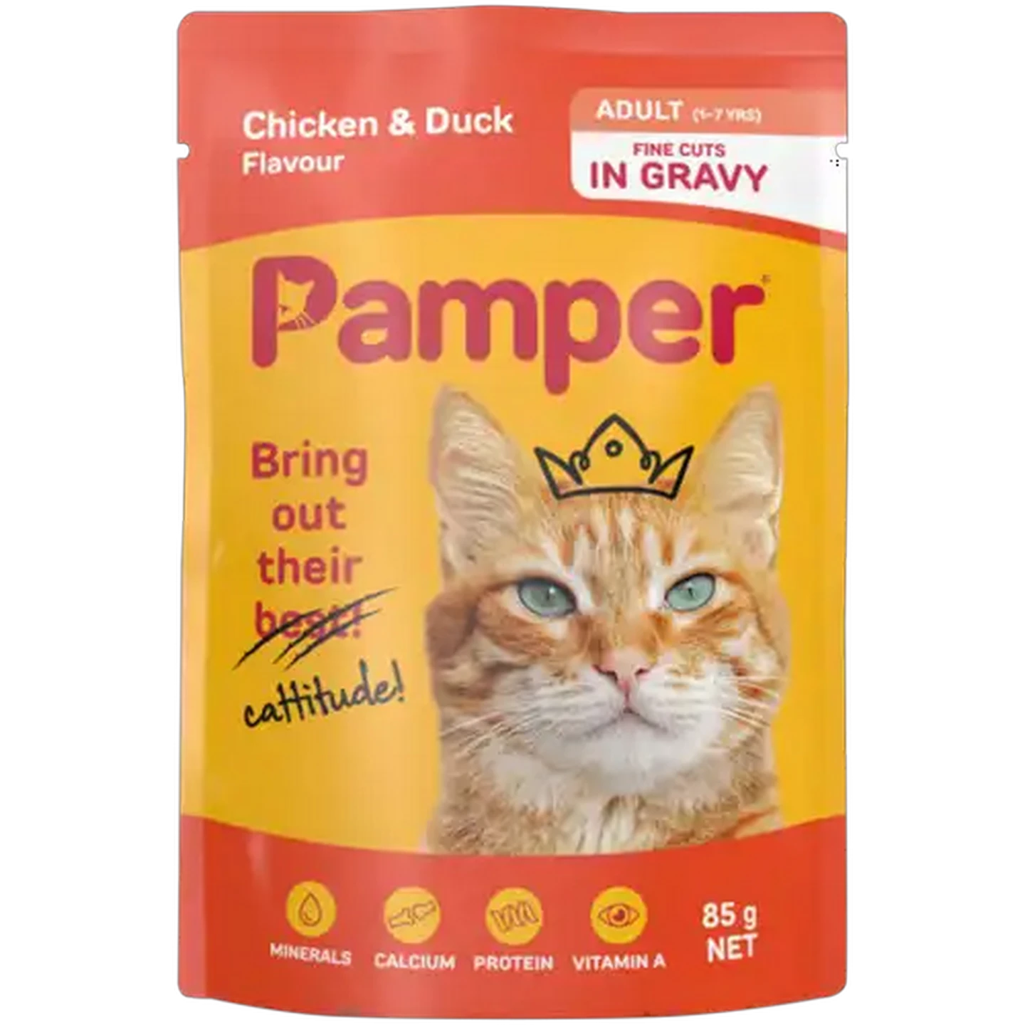 Image of Pamper Chicken & Duck Flavoured Adult Cat Food In Gravy Pouch 85g