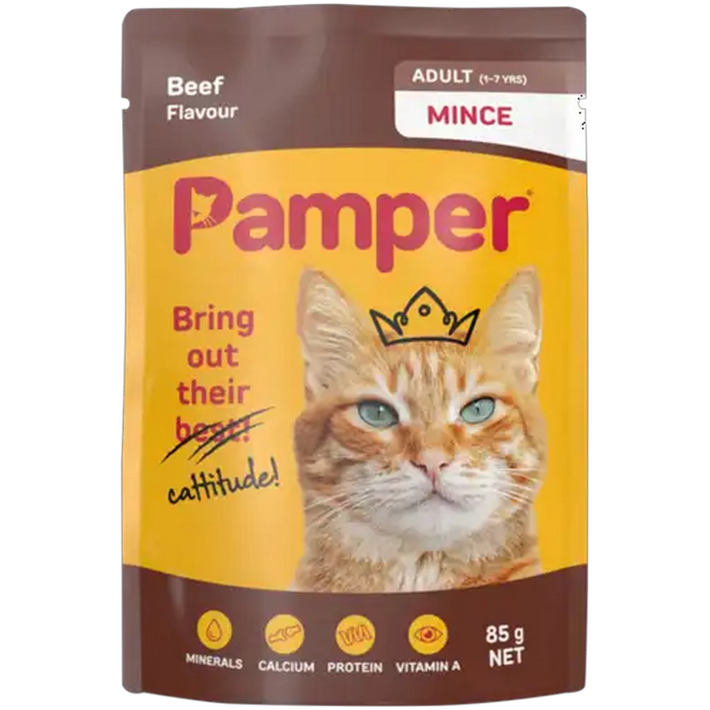 Image of Pamper Beef Flavoured Minced Adult Cat Food Pouch 85g
