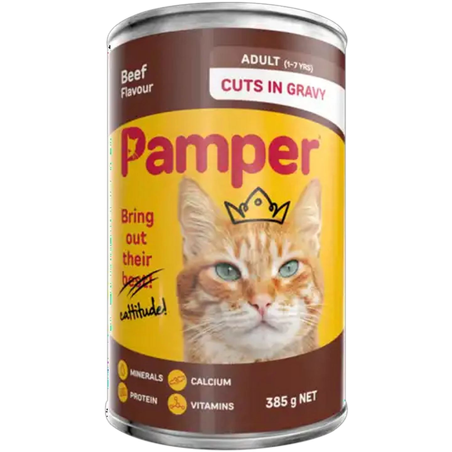 Image of Pamper Beef Flavoured Cuts In Gravy Cat Food Can 385g