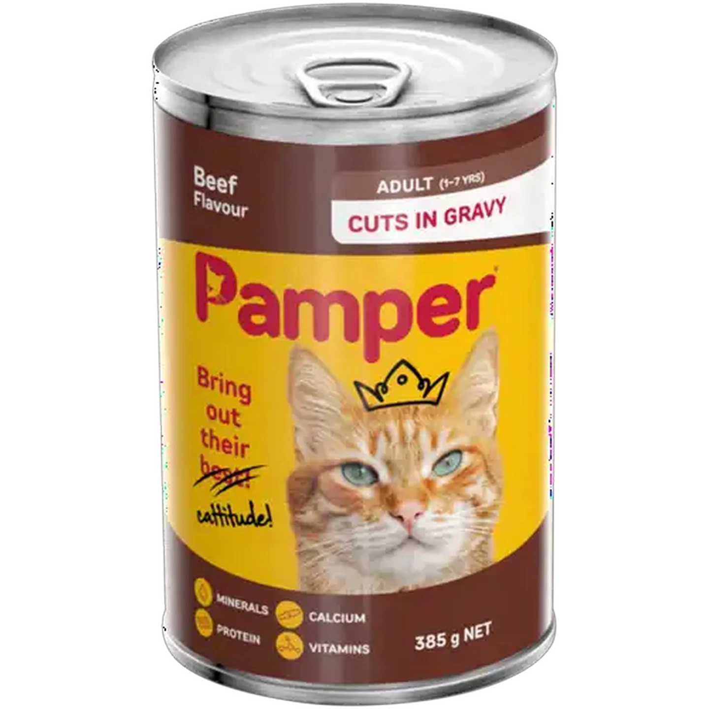 Image of Pamper Beef Flavoured Cuts In Gravy Cat Food Can 385g