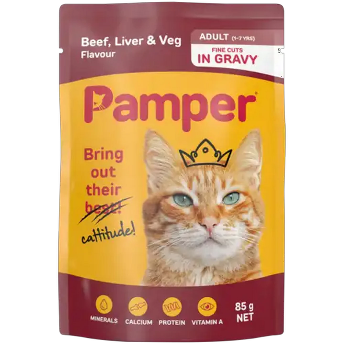 Image of Pamper Beef, Liver & Veg Flavour Adult Cat Food Fine Cuts in Gravy 85g
